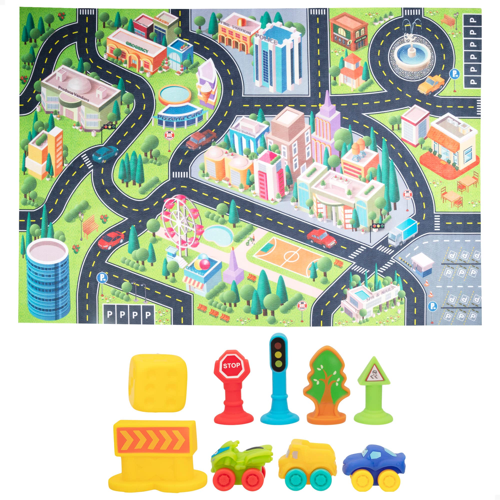 ColorBaby 49639 - Alfombra circuito coches infantil, tapete de juegos / Alfombras de juegos infantiles, alfombra para niños / Juguetes para niños, incluye accesorios blandos
