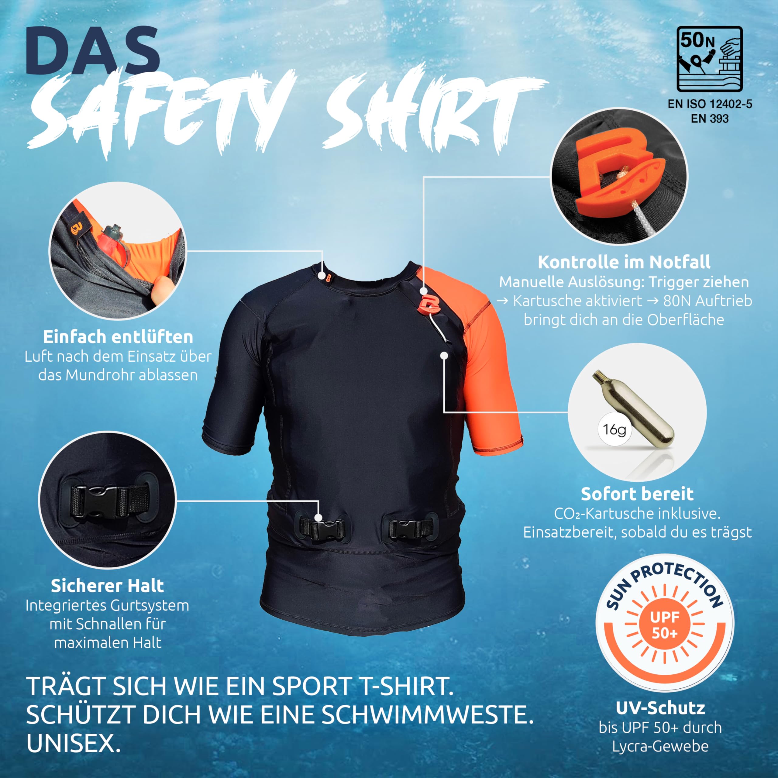 Res-T Schwimmweste - Manuell aufblasbare Schwimmhilfe mit extra starkem Auftrieb 80N - für maximale Bewegungsfreiheit auf dem Wasser - Unisex