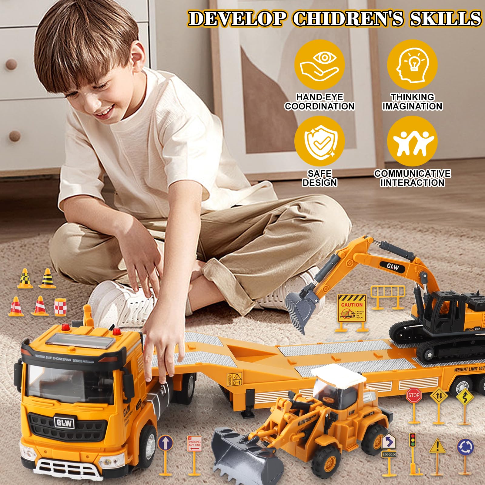 UCAMP Camion Transportador Coche de Juguete con Luces y Sonidos para Niños 3 4 5 6 7 Años, 1:40 Juguete Vehículos de Construcción con Excavadora Bulldozer, Juguetes Regalo de Cumpleaños Navidad