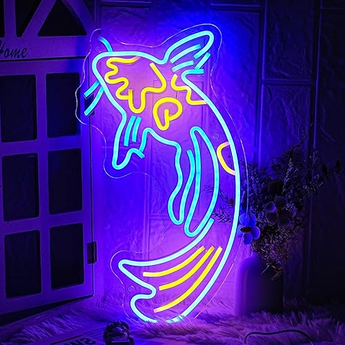 Koi Fish - Letrero de neón con luces LED de pez japonés, azul neón, amarillo, para decoración de pared, de 17 x 9.5 pulgadas, con USBinterruptor, disponible en Yaxa Colombia