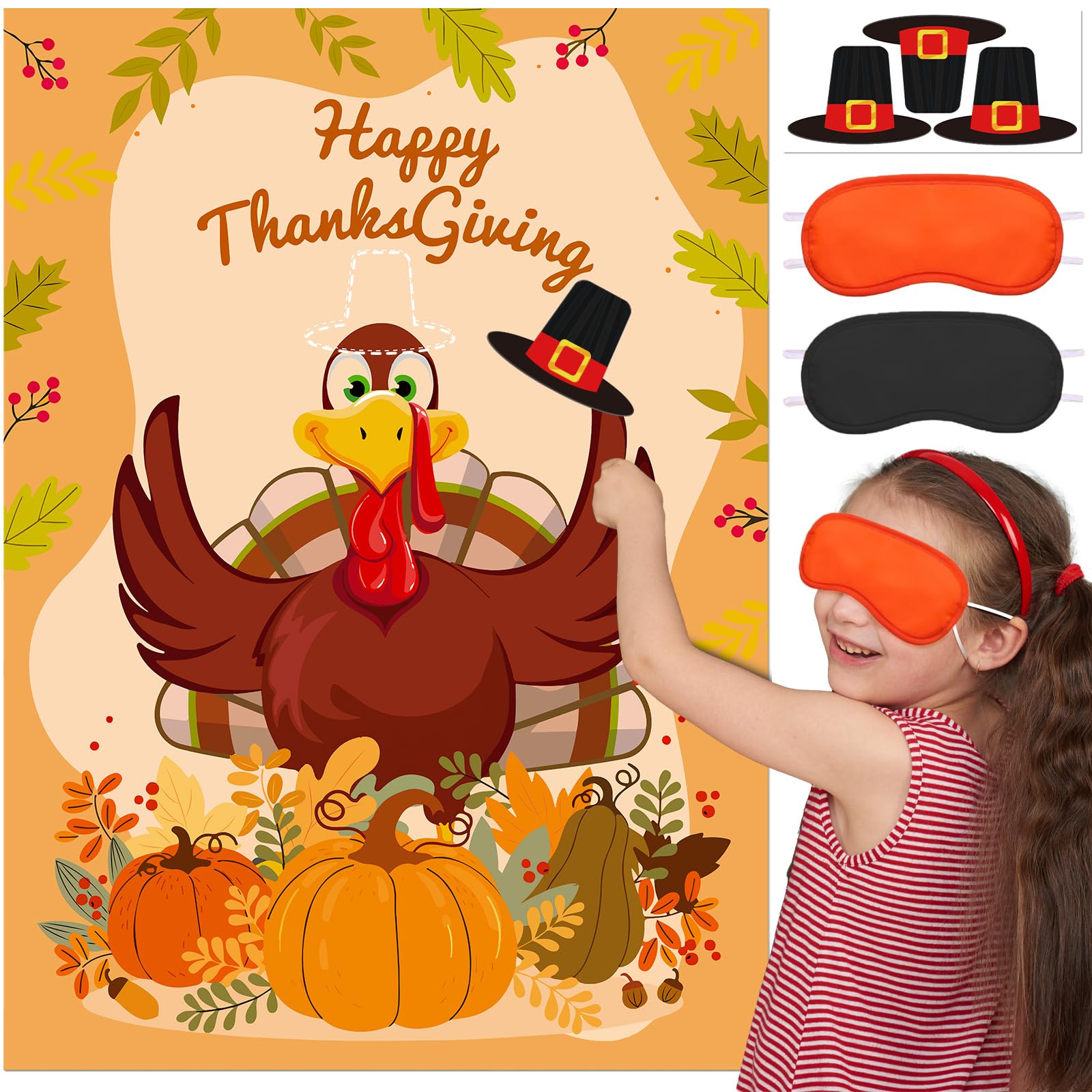 HiPartyFall Festival Games, Thanksgiving Games of Pin The Hat on The Turkey Stickers, Fun Family Games for Thanksgiving Craft Party Favors Decorations Activities Outdoor Indoor, 28x20inch