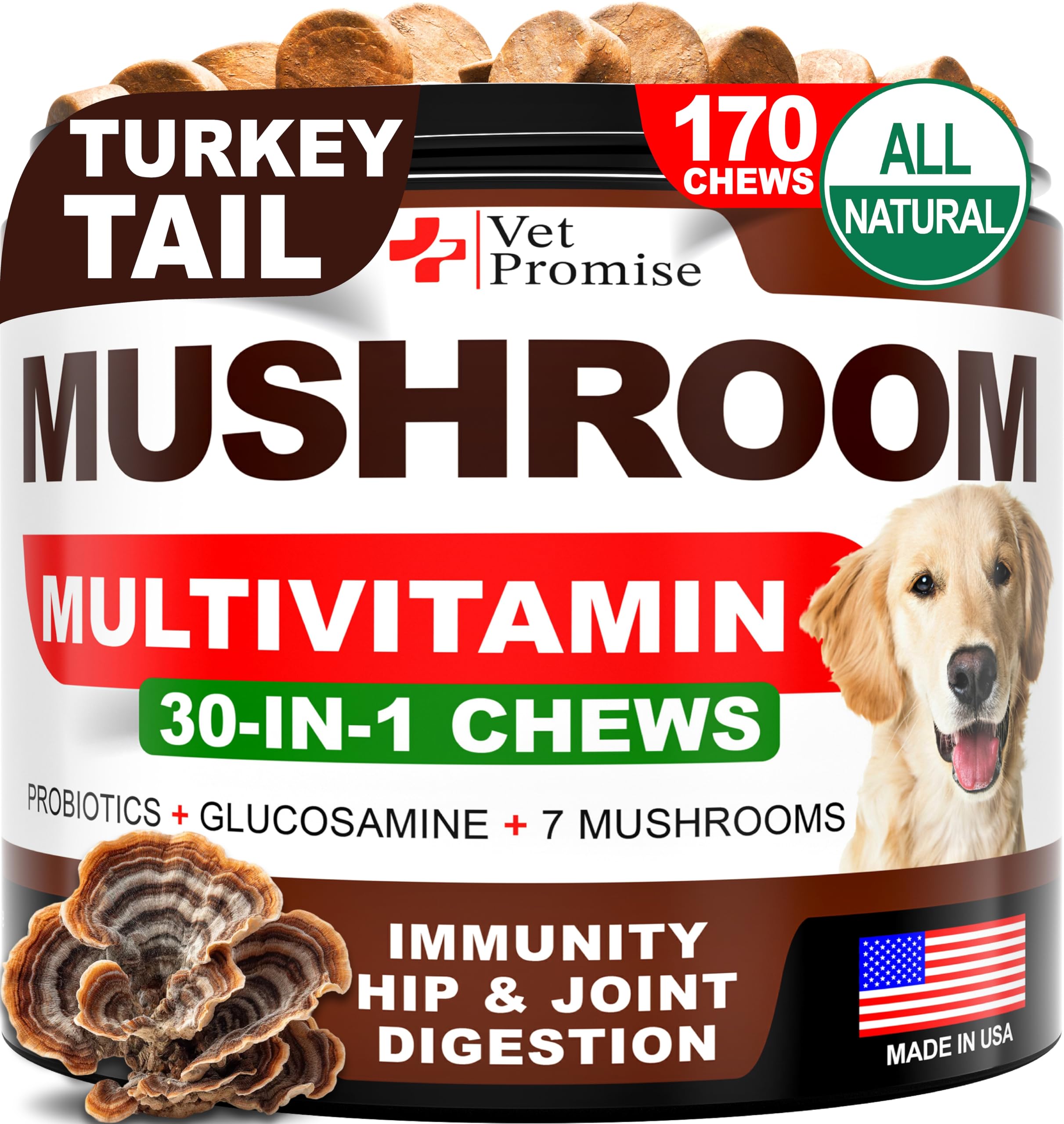 Turkey Tail Mushroom for Dogs - 170 Chews - Mushroom Supplement for Dogs - Lions Mane - Reishi - Immunity Support Multivitamin Vitamins - Joint Health - Energy - Gut - Skin - Made in USA