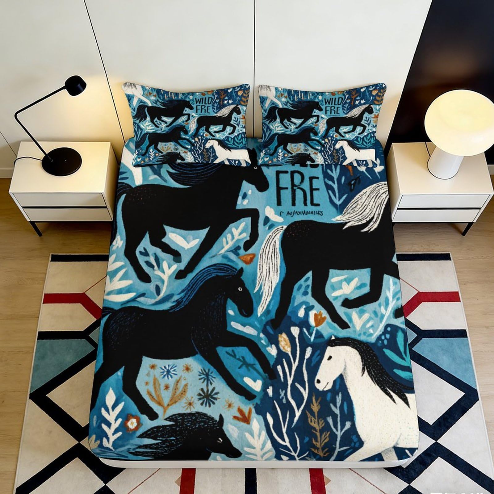 3D Printed Wild Horse Fitted Sheet Microfiber Soft Breathable Blue Forest Bed Cover for Bedroom Guest Room Decor 90x200x25cm