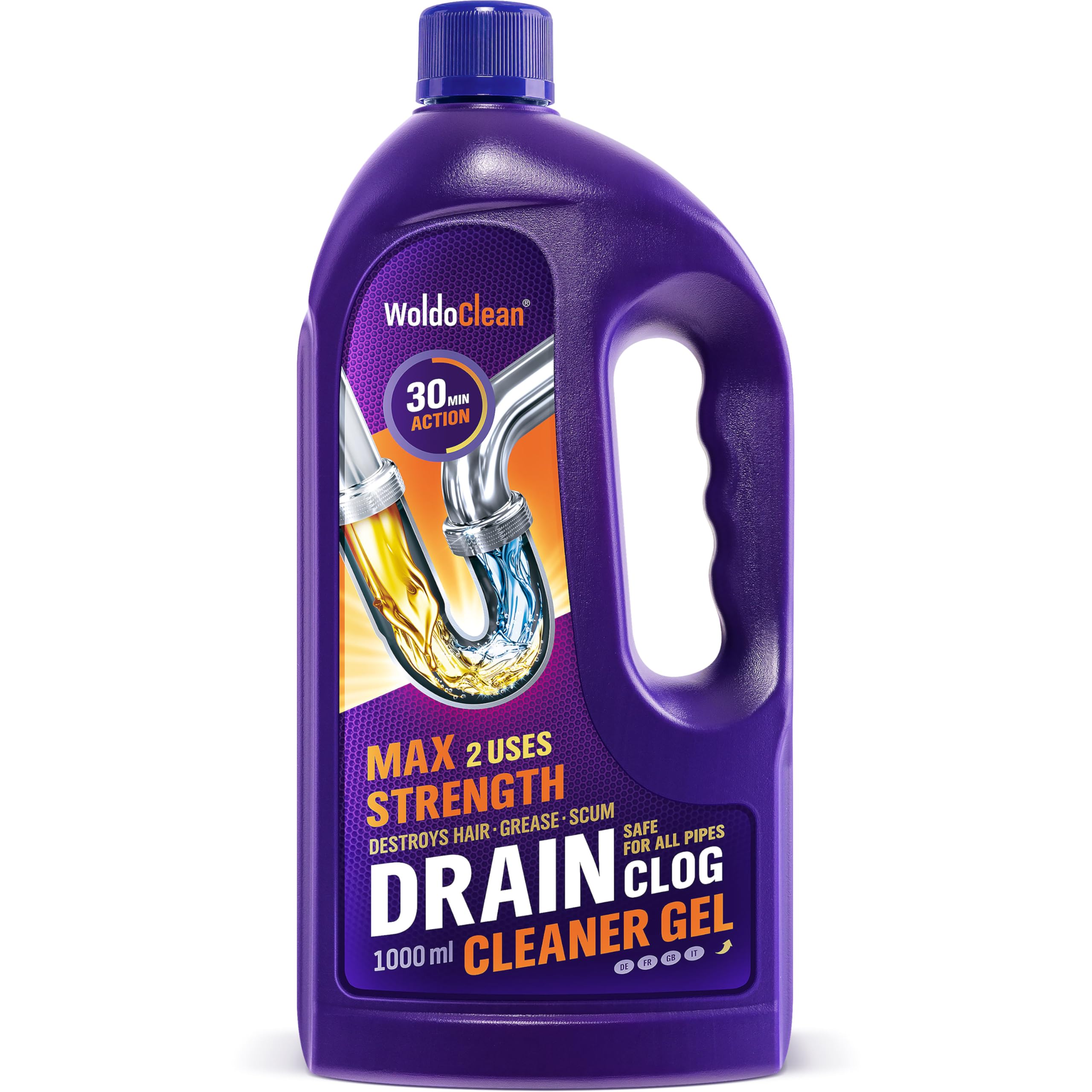 WoldoClean Gel Stura Lavandini e Scarichi 1000ml - Idraulico Liquido Disgorgante Professionale contro Capelli e Grasso, per Doccia e Lavandino, Penetra nell'Acqua Stagnante