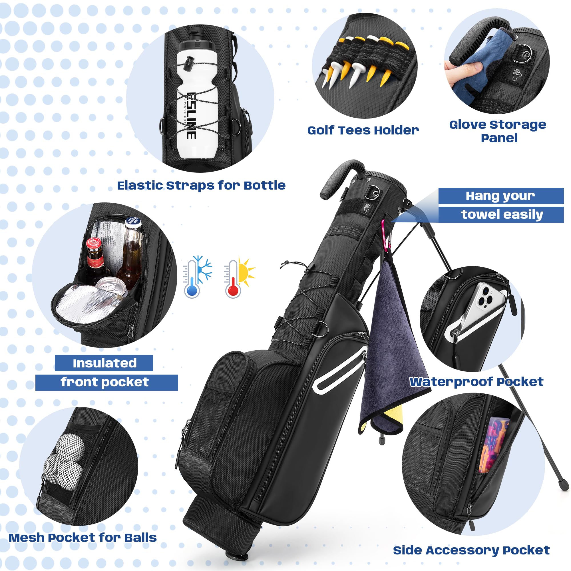 GOBUROS Golfschlägertasche für bis zu 7 Schläger, kompaktes Design für Par 3 Plätze und Driving Range, leichte Pitch und Putt Golftasche, mit gepolstertem ergonomischem Doppelgurt