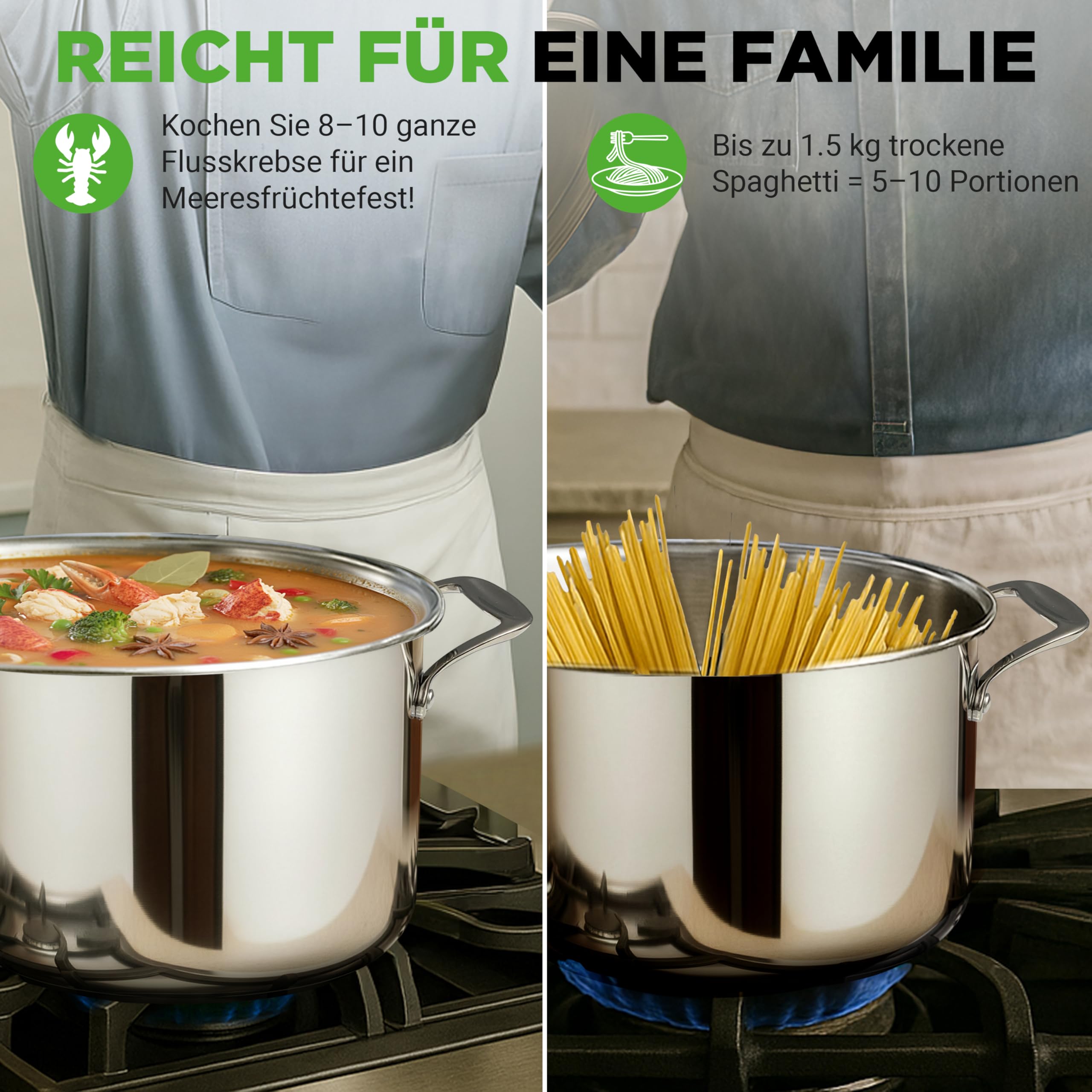 NutriChef Kochtopf groß, 8L Suppentopf Induktion aus Edelstahl mit Glasdeckel, 18/8 Großraumtopf Hitzebeständig bis 260 °C, Für alle Herdarten, Spülmaschinengeeignet, Silver