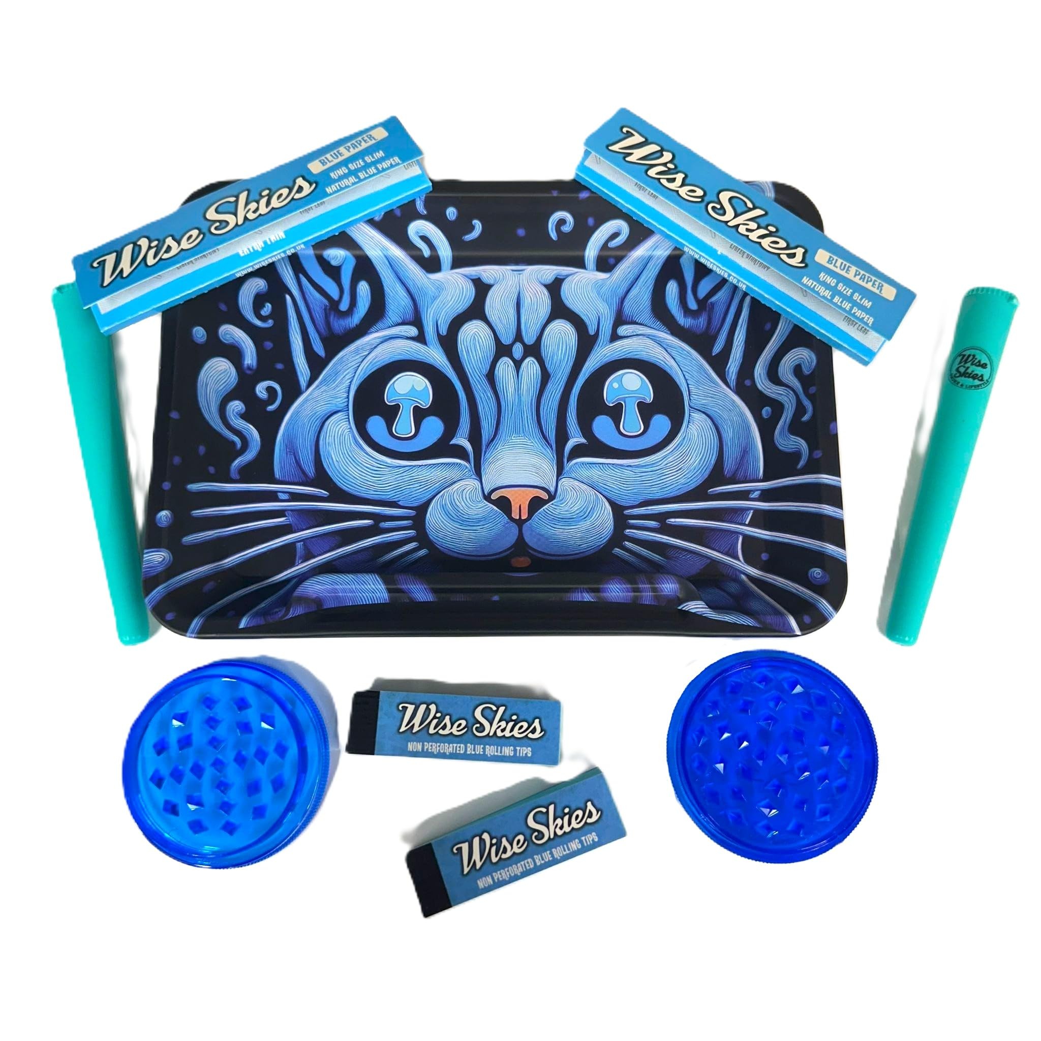 Wise Skies Blue Trippy Kitty Rolling Tray Bundle Double Sided Matte Psychadelic Design Cat Mushroom Design And King Size Rolling Papers Tips Cone Holder