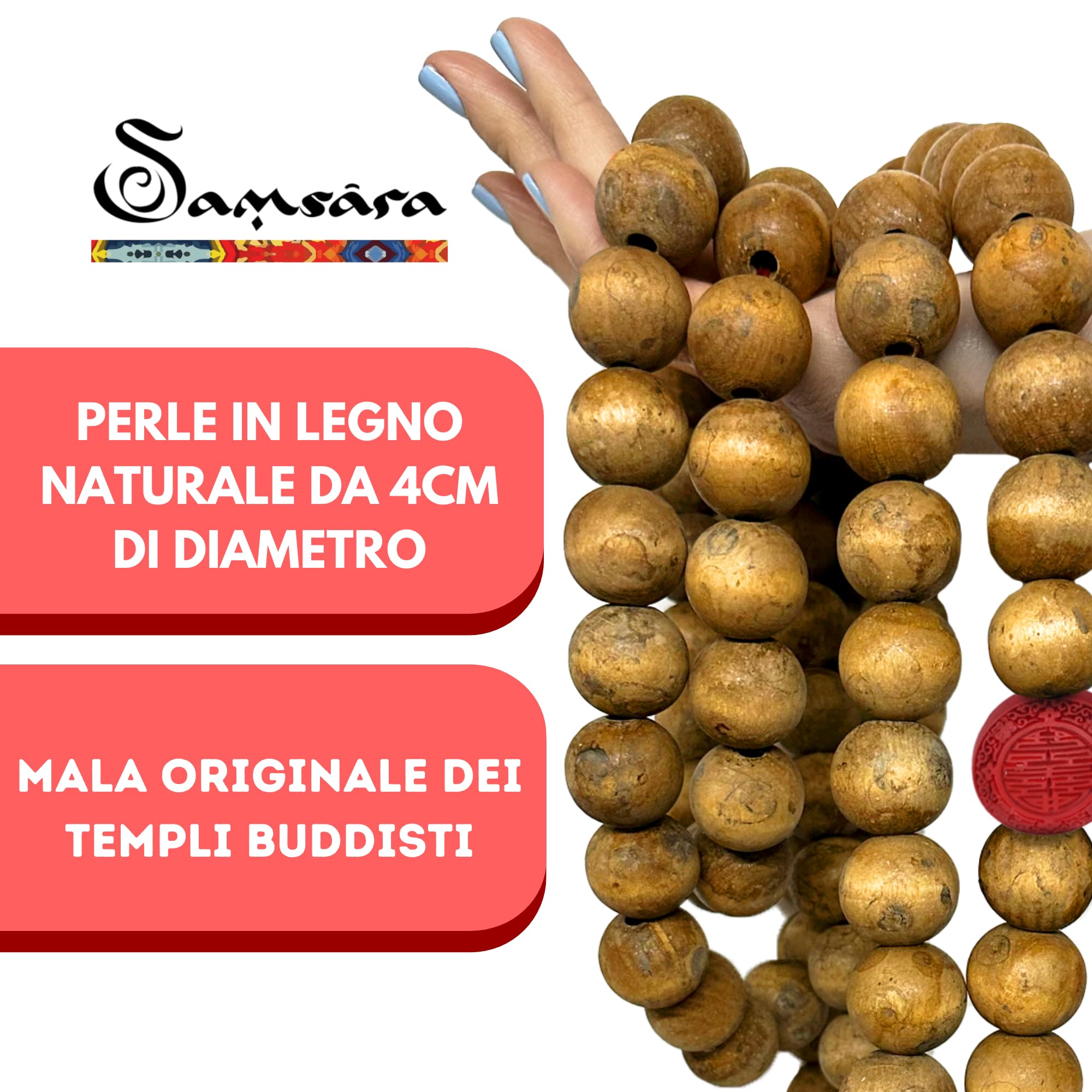 SAMSARA Japamala Oversize - 1 metro - in Legno 108 Grani | Mala Tibetano Tradizionale di grandi dimensioni per Preghiera e Protezione - 2/4cm (DIAMETRO PERLA 4CM)