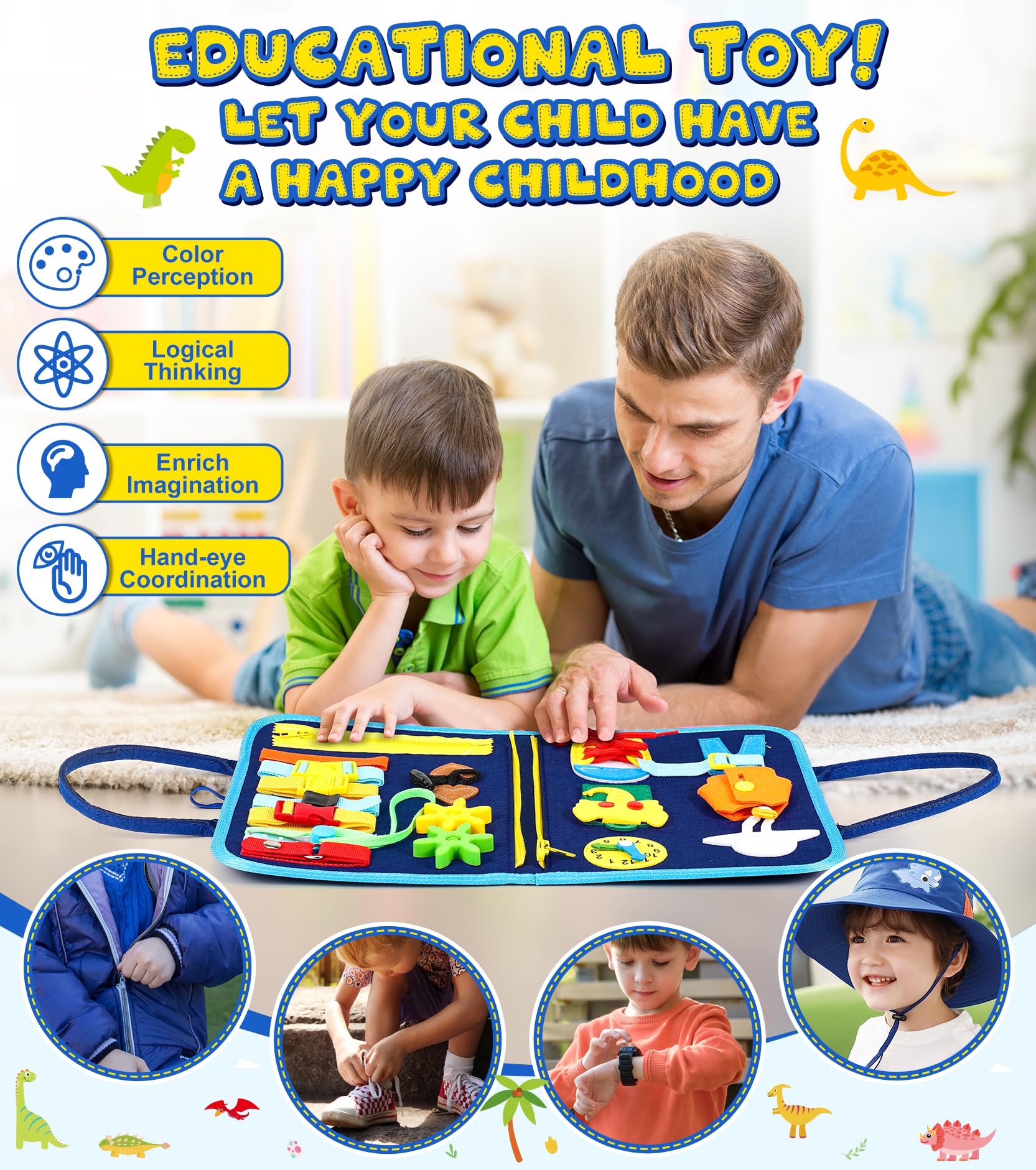 Gontence Busy Board per Bambini | Giochi Montessori per 2 3 4 5 Anni Tavola Sensoriali per Giocattoli attività Giocattolo Educativo per Apprendere Le Abilità di Base della Vita Dinosauro