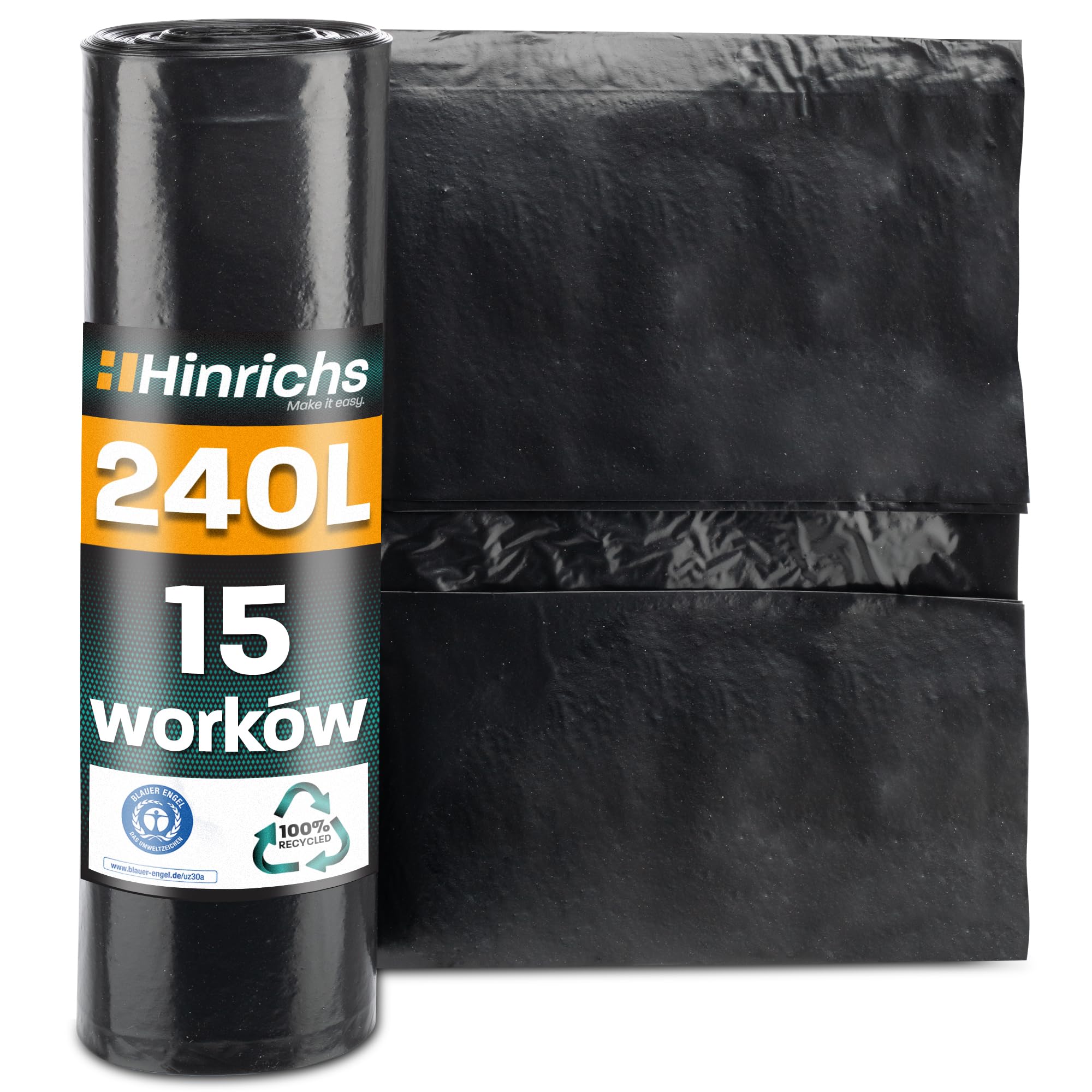 Hinrichs Worki na śmieci 240 l, extra mocne – rolka 15 sztuk – 100 x 125 cm – wyjątkowo odporne na rozdarcia – recyklingowanego LDPE – worki czarne