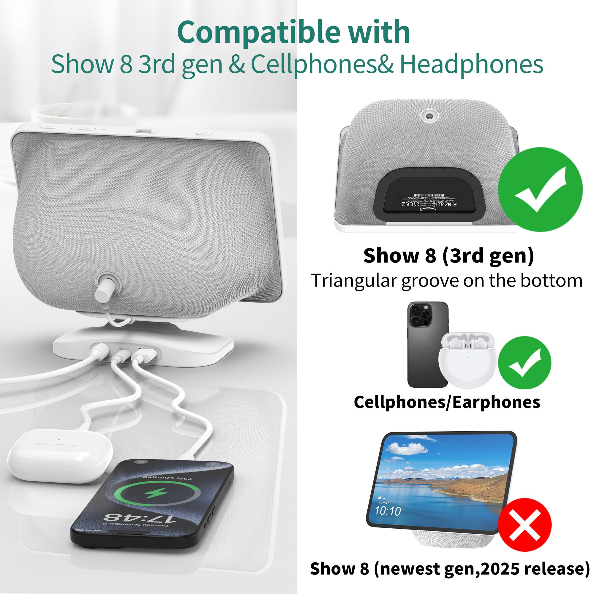 Supporto per Show 8 3rd gen e telefono - PlusAcc Supporto stazione di ricarica regolabile con porta USB-C/A due, compatibile con auricolari/Show 8 solo 3rd Gen (Bianco)