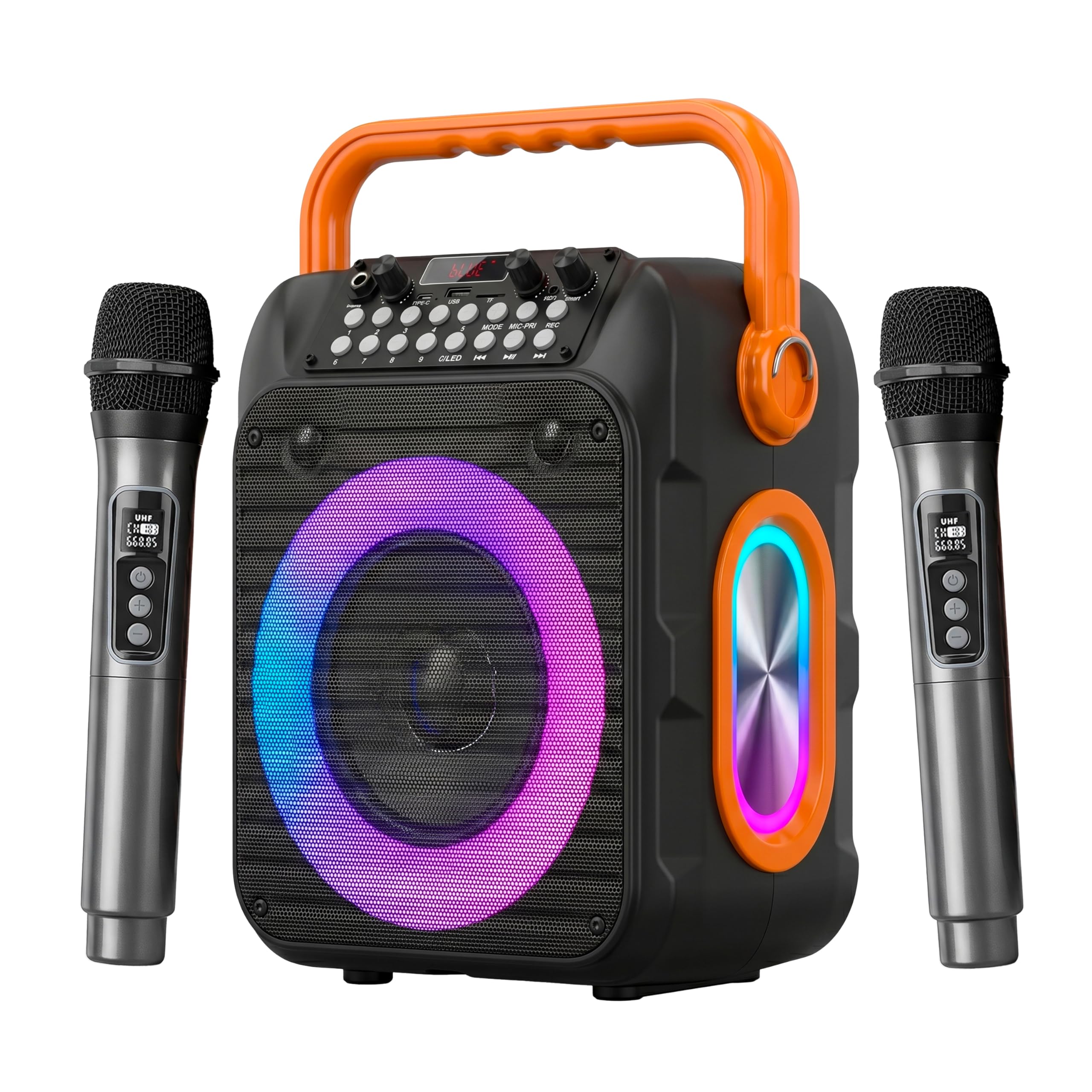 Karaoke-Maschine mit 2 wiederaufladbaren drahtlosen Mikrofonen, 30W Bluetooth 5.3 Lautsprecher, PA-System mit Bass/Treble/Echo, unterstützt USB/TF/AUX/TWS für Home Party