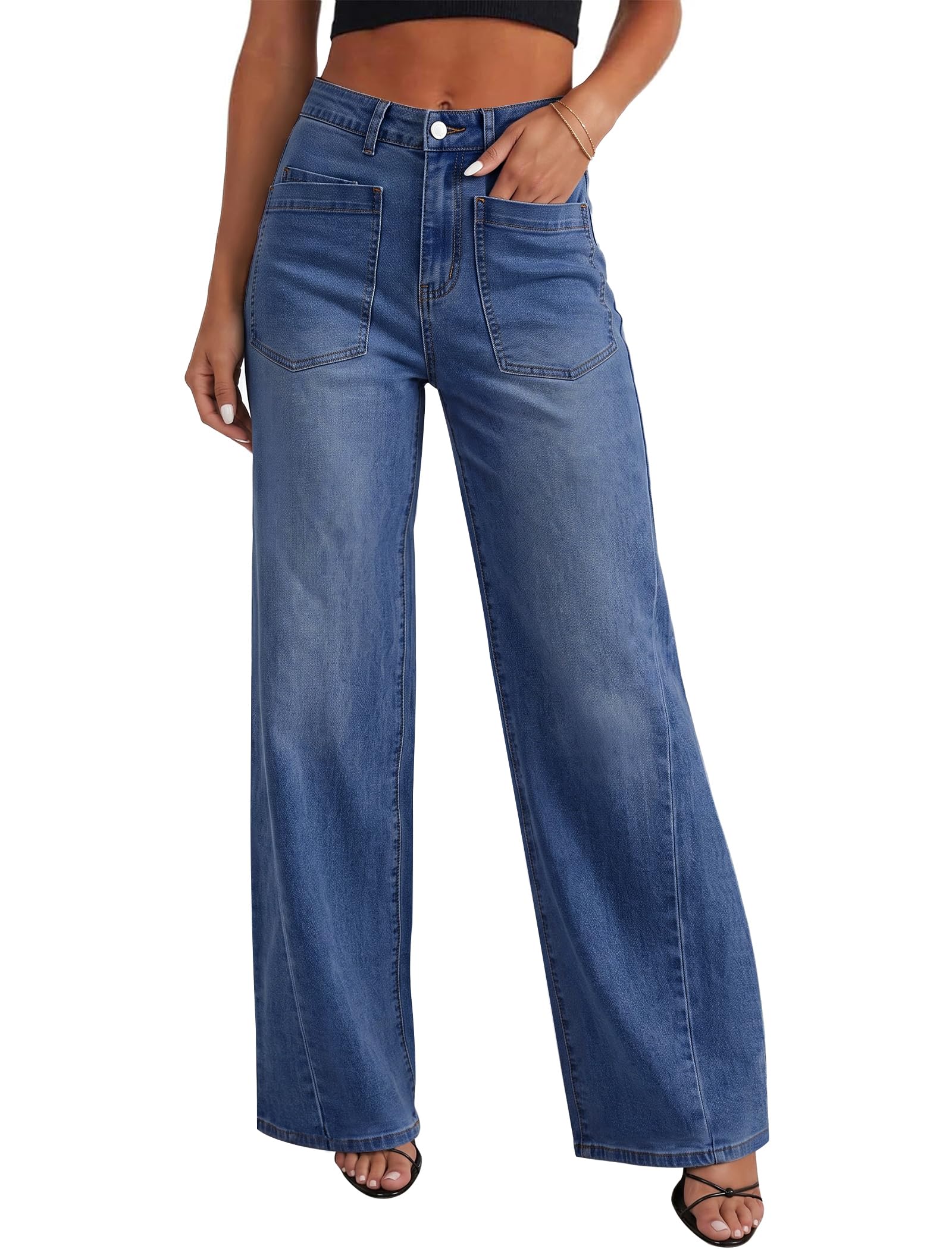 Jeans for Women Trendy High Waisted Stretchy Wide Leg Jeans Baggy Denim Pants with Pockets