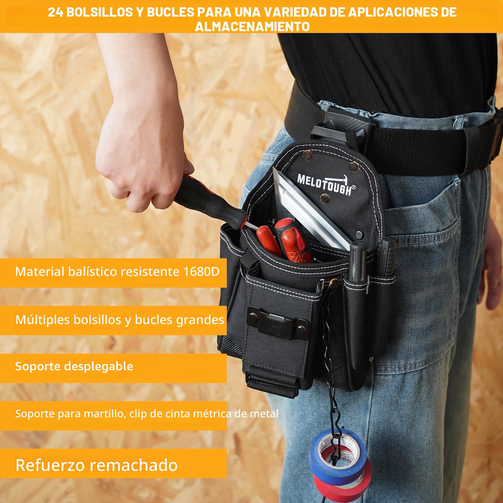 MELOTOUGH Bolsa de herramientas para electricista profesional para cinturón con clip de cinturón 9 bolsillos bolsa de herramientas artesanales con cinta adhesiva funda de cuerda