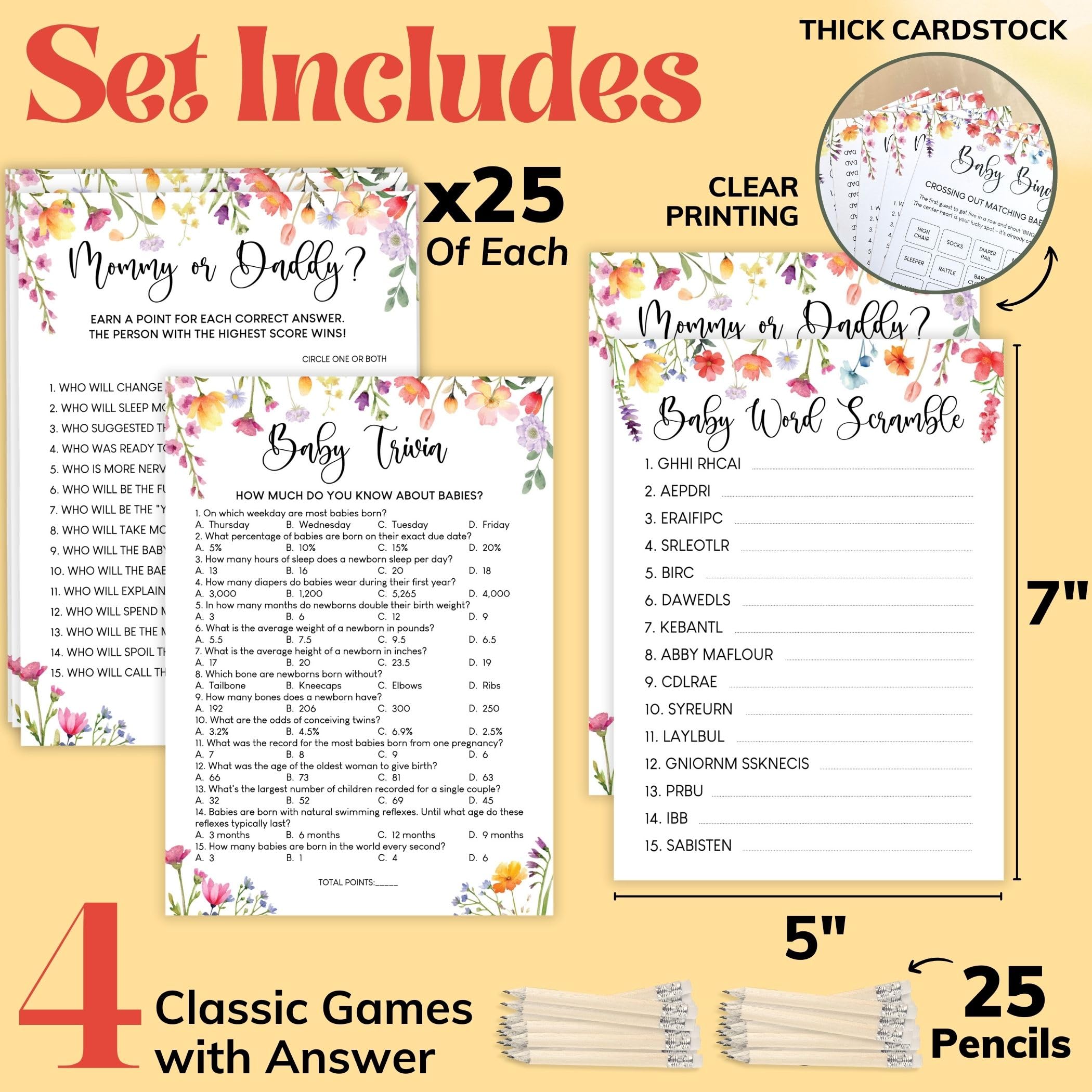 WOODAMORE Funny Baby Shower Games For Girl - Floral Baby Shower Bingo Cards For 25 Guests, Baby Word Scramble Mommy Or Daddy Game, Baby Shower Trivia Wildflower Baby Shower Decorations Ideas