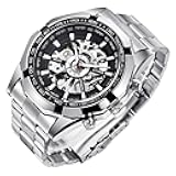 Mens Watches, Mechanical Skeleton Stainless Steel Waterproof Automatic Self-Winding Watch for Men, Luxury X Dial Steampunk Wrist Watch