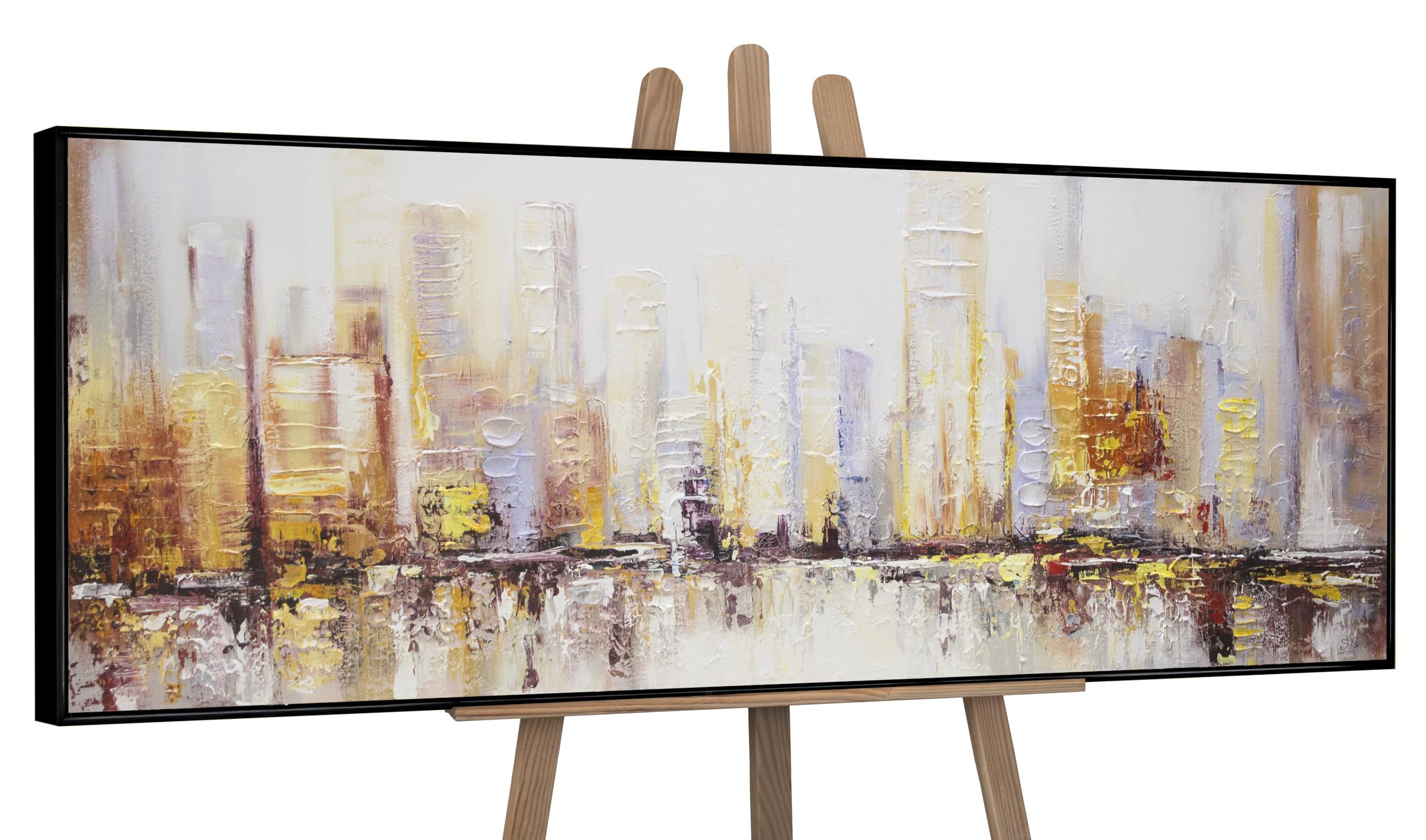 YS-Art Original Handmade Painting – Golden City Skyline Abstract, Warm Textured Artwork on Canvas, Framed Urban Decor for Living Room Office 60x20 inch