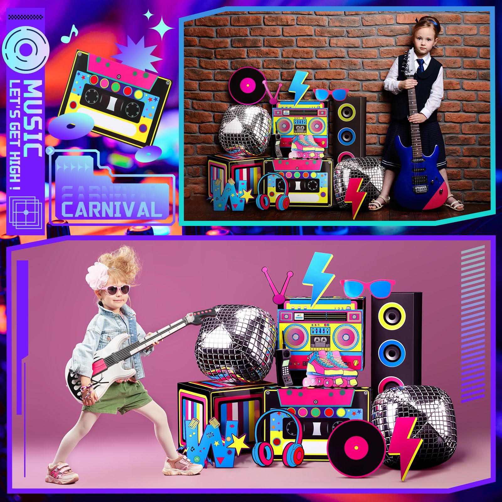 7-Piece 80s Retro Party Decor Set - 3D Boombox & Cassette Boxes For 80s 90s Theme Parties