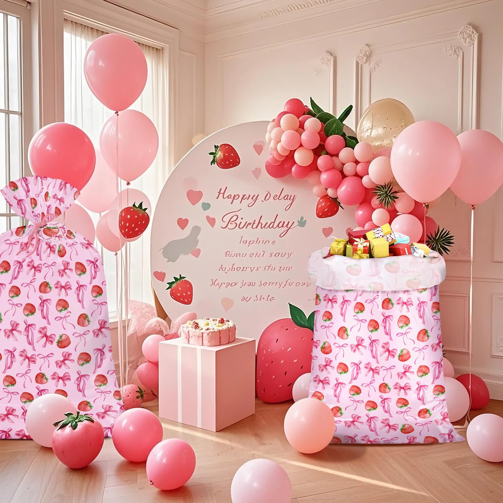 WRAPAHOLIC 56" Large Strawberry Bow Plastic Gift Bag - Pink Bow and Sweet Strawberry Jumbo Bike Bag Gift Wrap for Women Girls Birthday, Baby Shower, Wedding, Bridal Shower - 56" H x 36" W