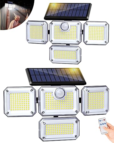 Lámpara con sensor de movimiento para exteriores, luz de energía solar de 4 cabezales, luz solar 333 LED, luces de inundación inalámbricas para