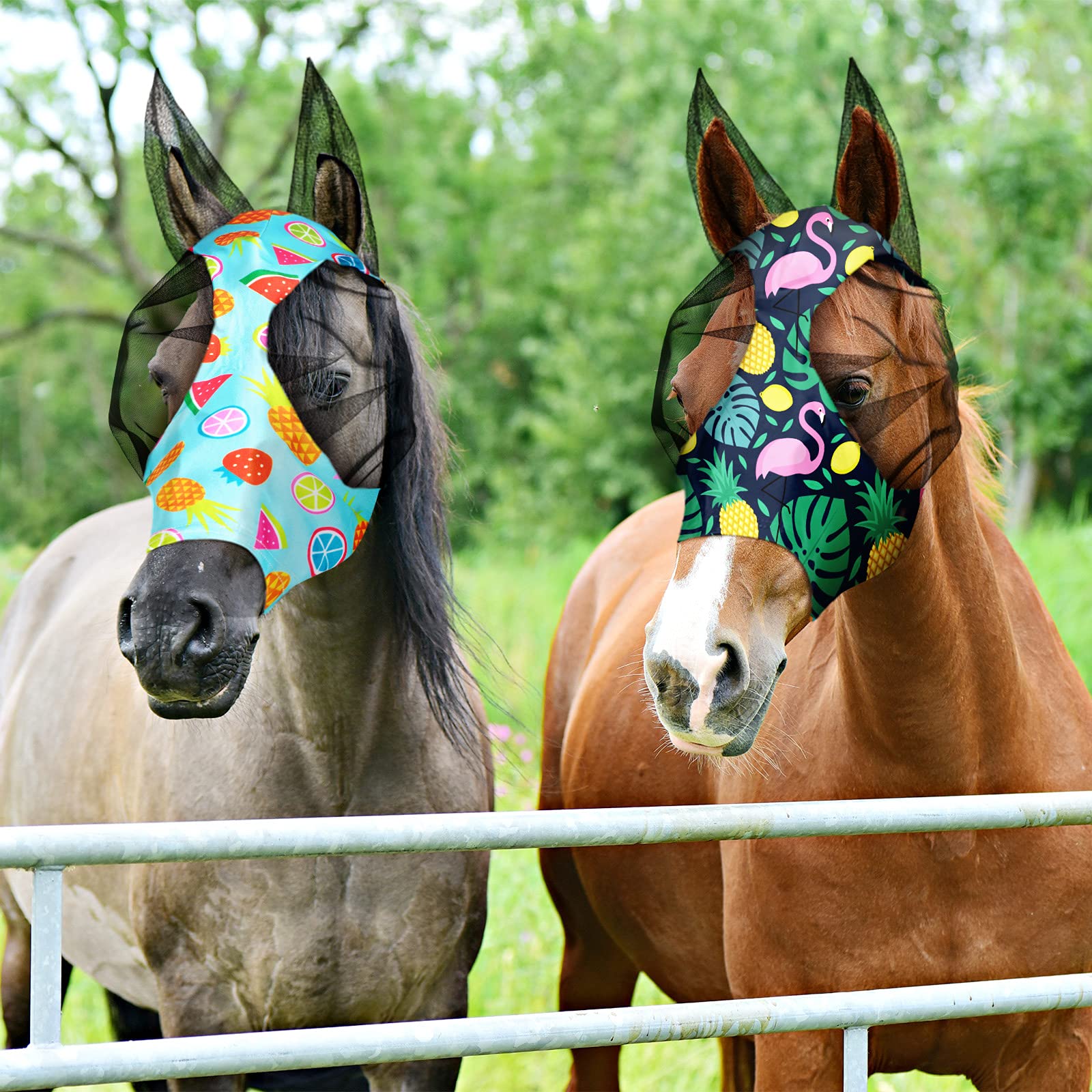 Hestya 2 Pieces Horse Fly Masks for Horses Soft Fly Masks for Horses with Ears Smooth and Elasticity Fly Mask with UV Protection (Summer Patterns,L) - Image 4