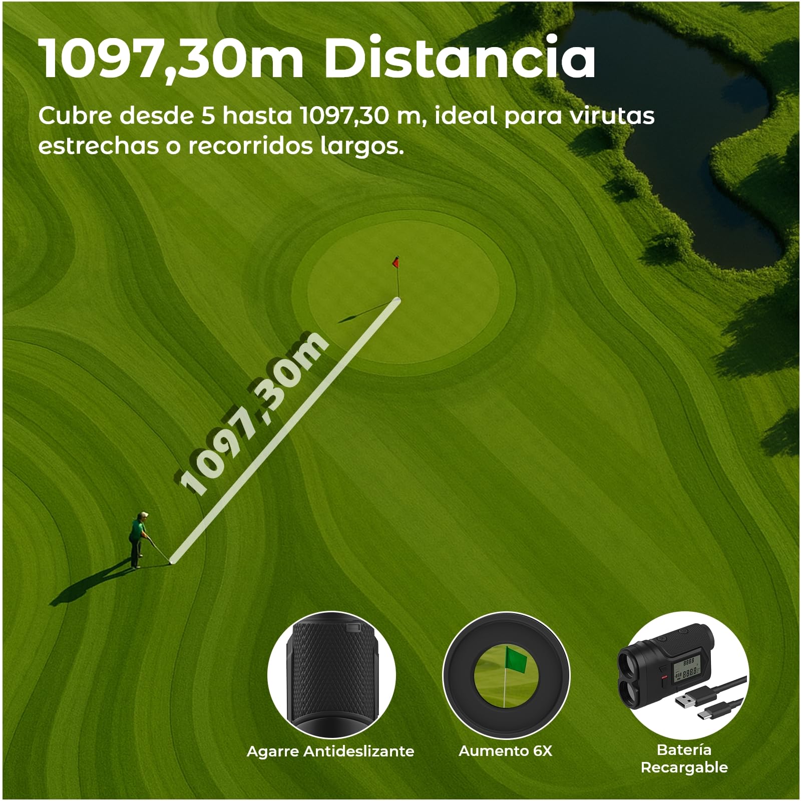 Telémetro Golf Láser 1097M con Pendiente On/Off y Vibración de Bloqueo de Bandera por WanderS – Medidor de Distancia USB-C Recargable, Aumento 6X, Modo Torneo, Pantalla Lateral – Accesorio Golf Hombre