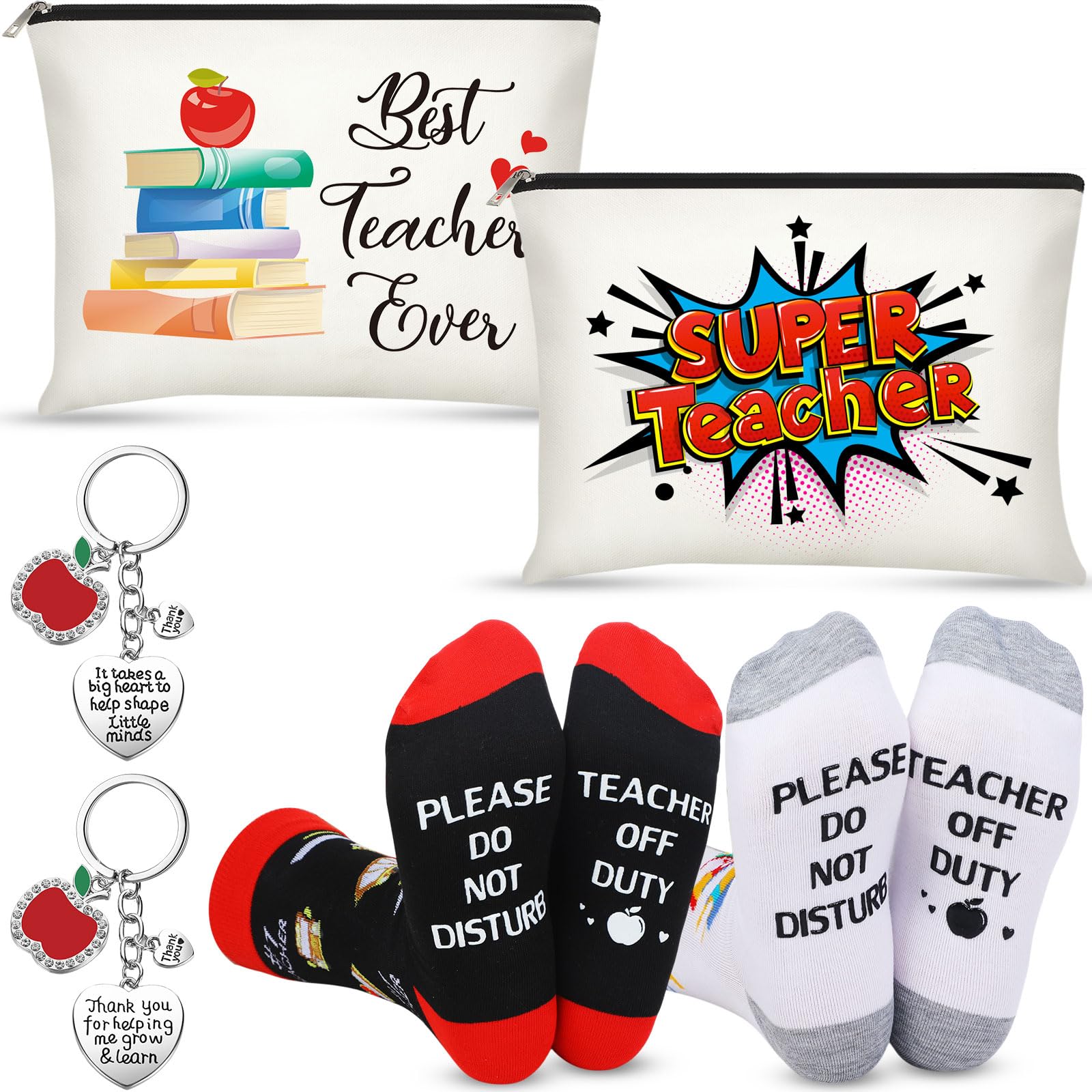 Saintrygo 6 Pcs Teacher Appreciation Gift Set for Women 2 Pcs Teacher Cosmetic Makeup Bags 2 Pairs Teacher Theme Novelty Cozy Fuzzy Socks and 2 Pcs