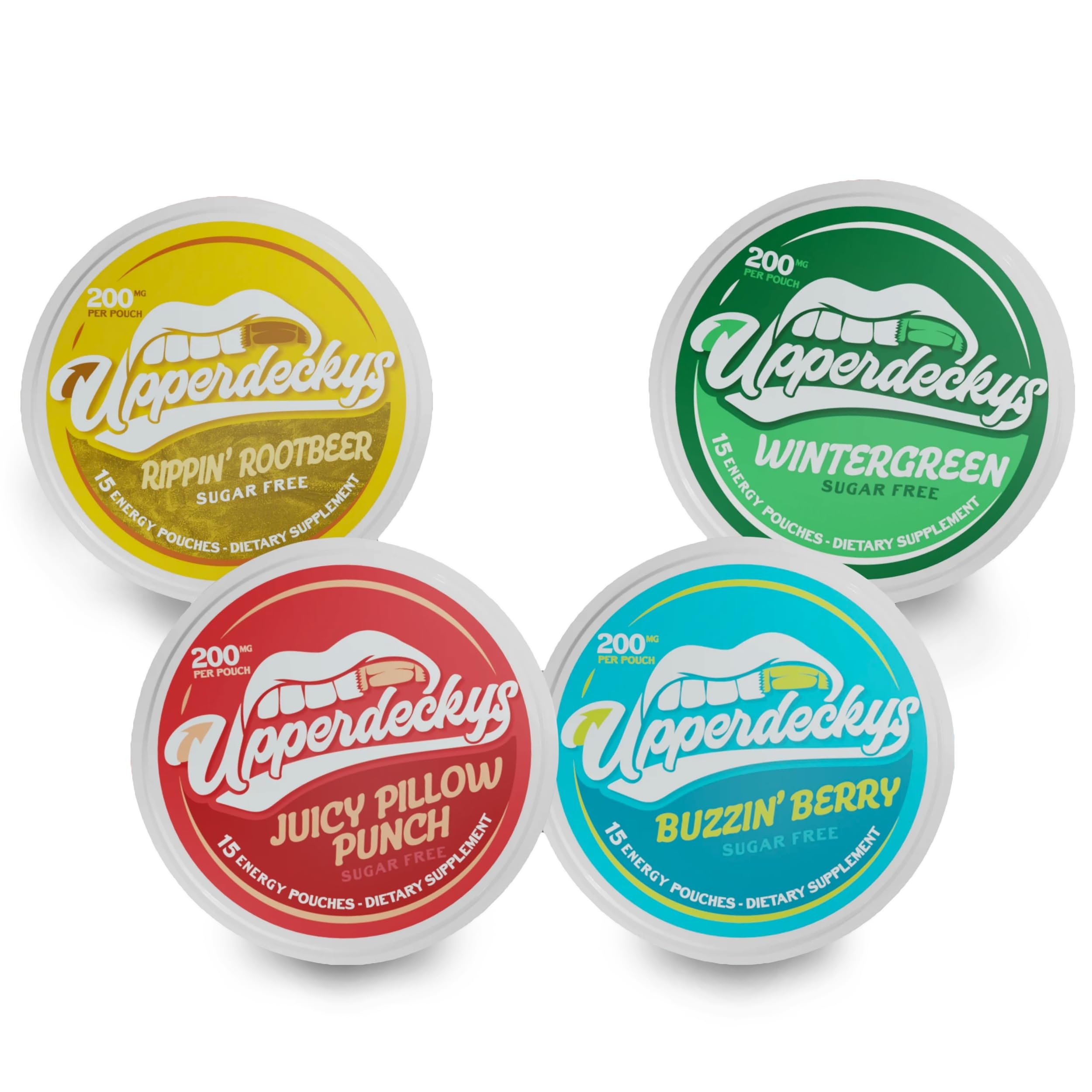 Upperdeckys, Multi-Pack Caffeine Energy Pouches - 4 Flavors, Sugar Free Nootropic Pouches and Delicious Flavor - Replacement/Alternative for Focus and Energy, Made in USA (4-Pack, 200mg)