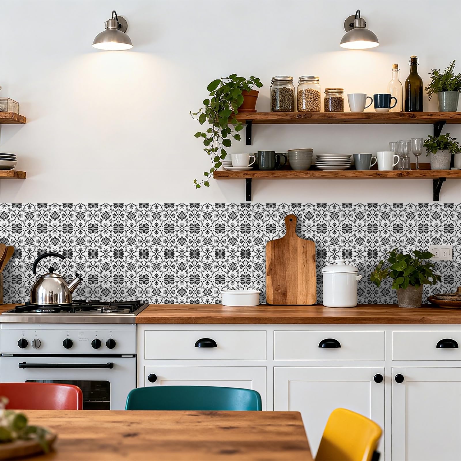 Peel and Stick Wall Tiles Bohemian Black Flower Tiles Self Adhesive PVC Home Decor Backsplash Kitchen Tile Stickers Waterproof Tile Stickers for Bathroom 20x20cm /24 Pcs