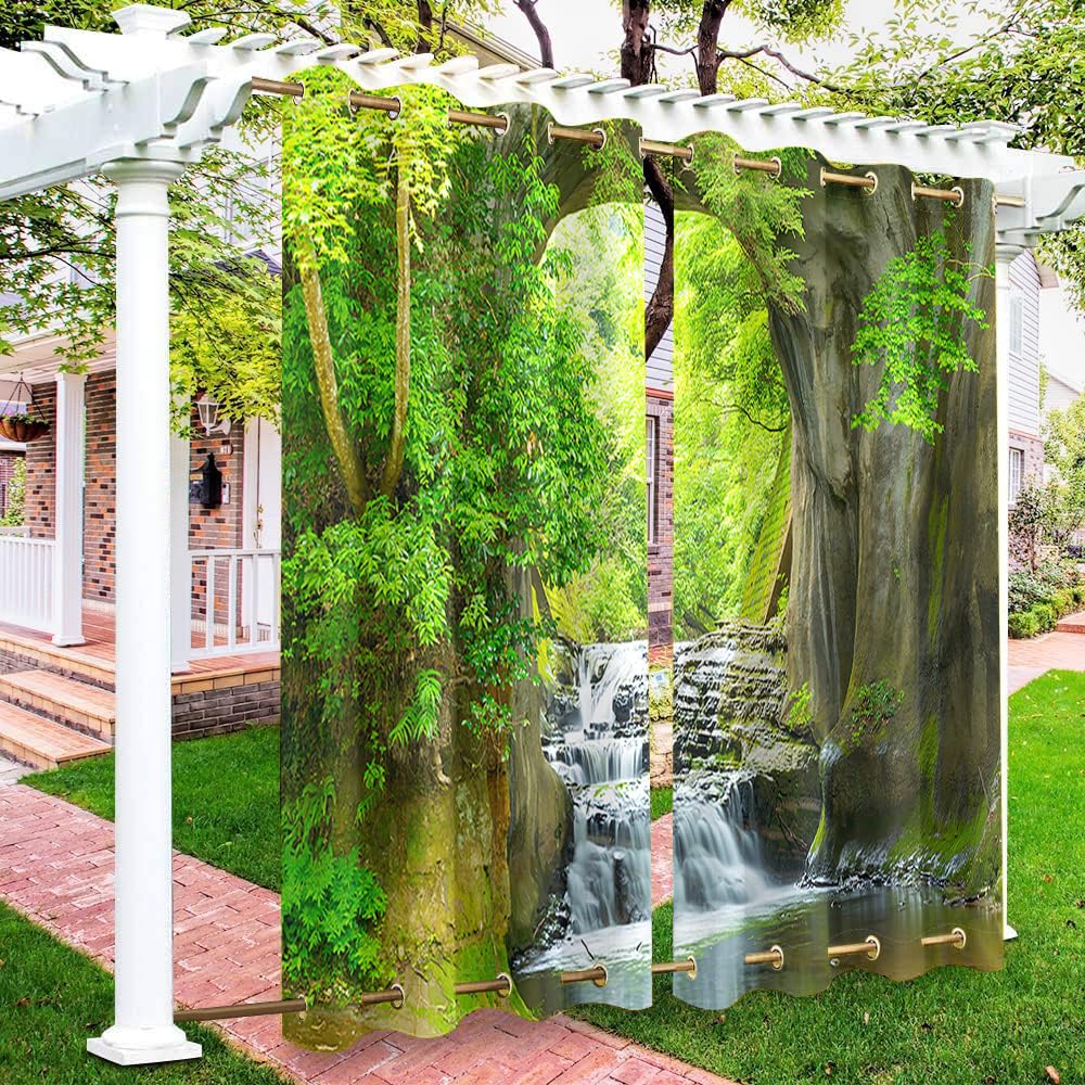 Hiseng Outdoor Curtains Waterproof for Garden Pergola Gazebo Patio, 3D 2 Panels Windproof Blackout Privacy Gazebo Curtains with Grommets on Top and Bottom -Waterfall Printed (River,91x213cm)