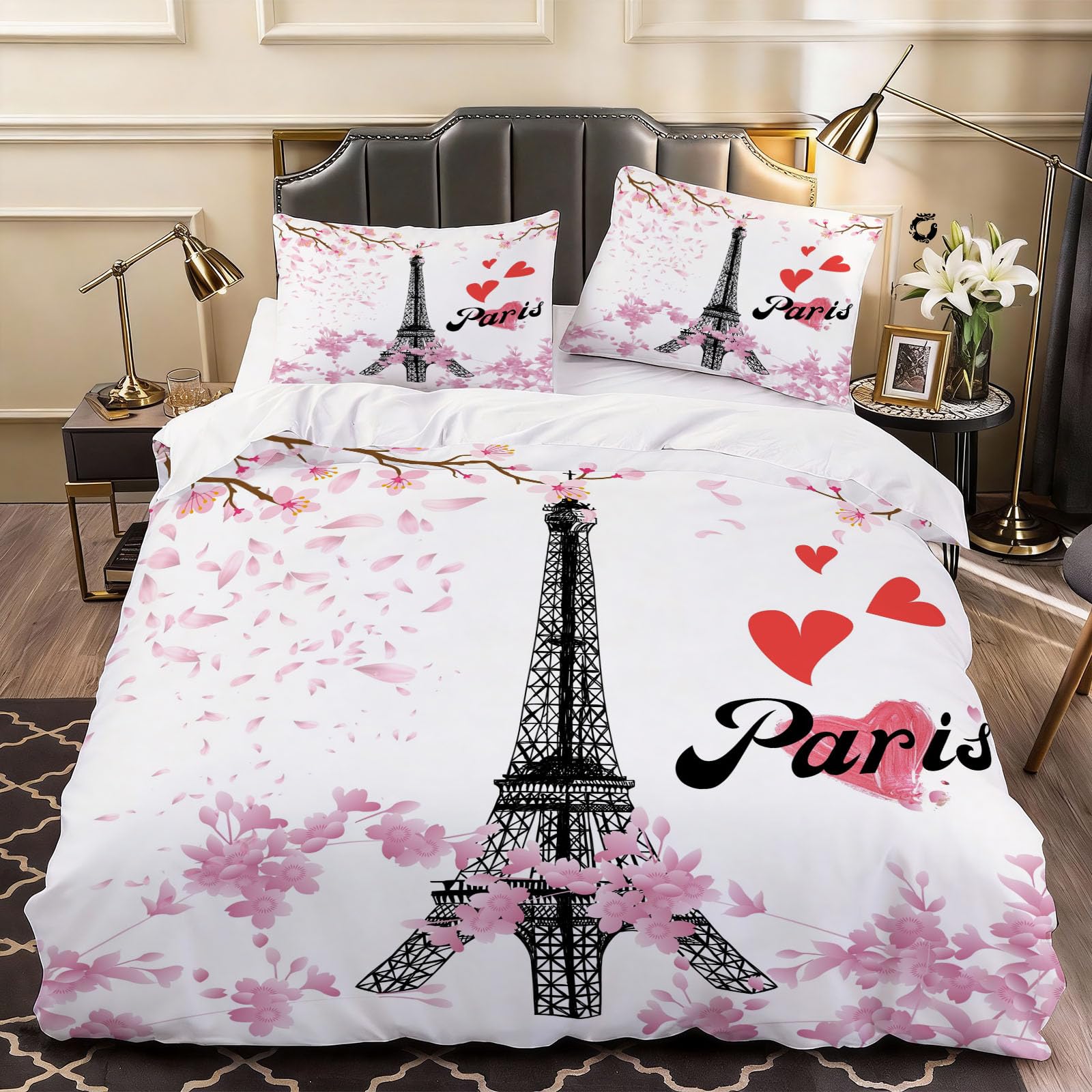3D Eiffel Tower Duvet Cover Blossom Flowers Bedding Super King Bed Set, Soft Microfiber Comforter Cover Printed with Zipper Closure Quilt Coverr 260x220 cm and 2 Pillowcases