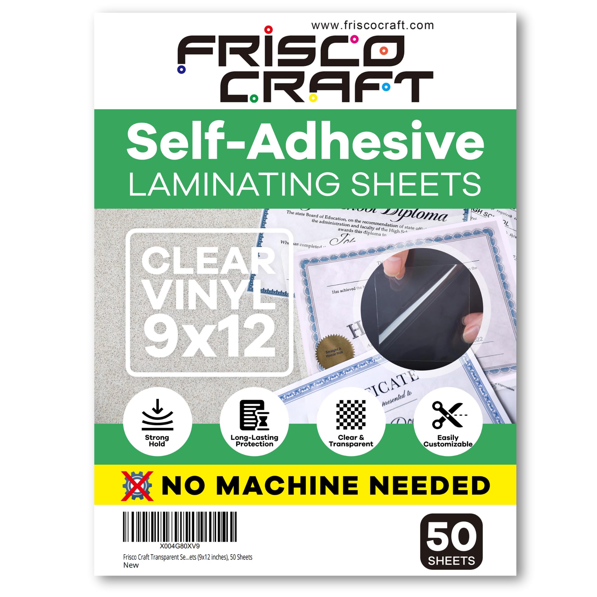Frisco Craft Self Laminating Sheets, 50 PCS Clear Vinyl Adhesive Laminating Sheets, No Machine Needed, Self Sealing Laminate for Crafts, Photos,