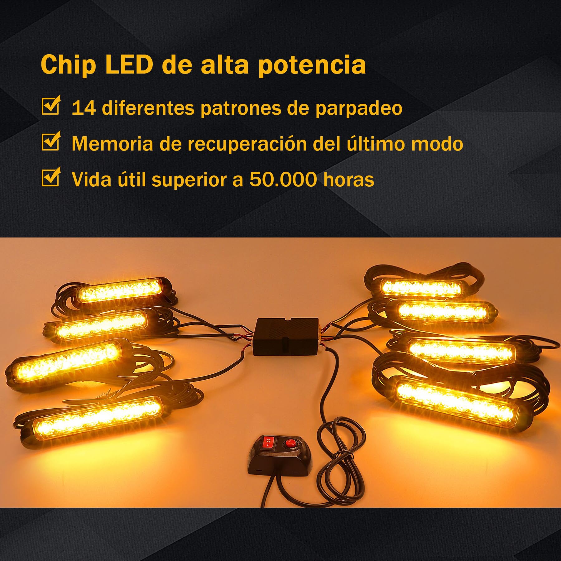 Luces Estroboscópicas LED Ámbar 12-24V Luz de Emergencia para Conductores, Rescatistas y Profesionales, Baliza Universal para Camión, Coche, SUV, 14 Modos, IP65, Seguridad Vial