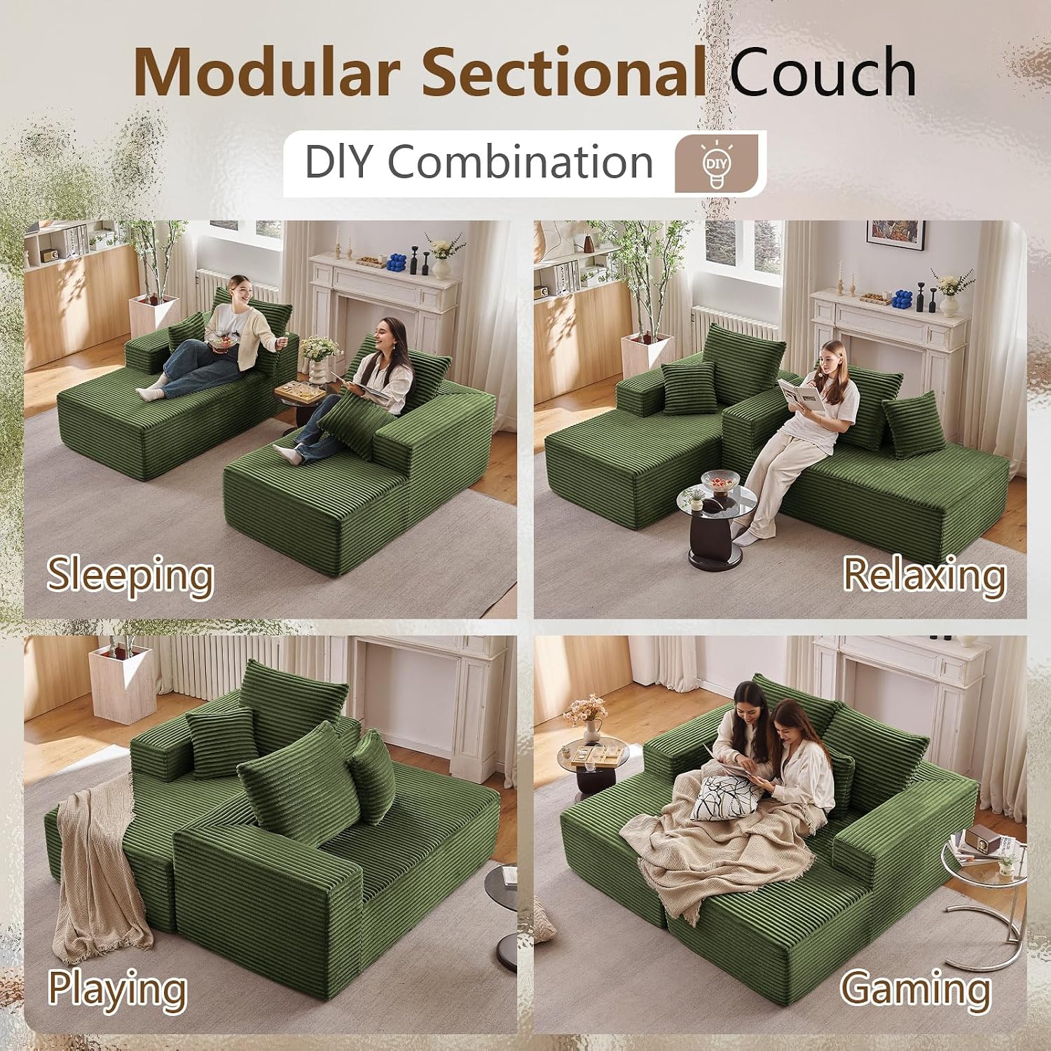 ODUWA 74.8" Oversized Double Chaise Lounges Indoor, Oversized 2 Seater Chaise Lounge Chair Cloud Corduroy Boneless Chaise Lounge Indoor Sofa Bed Deep Seat Couches for Living Room, Green 2 Pieces