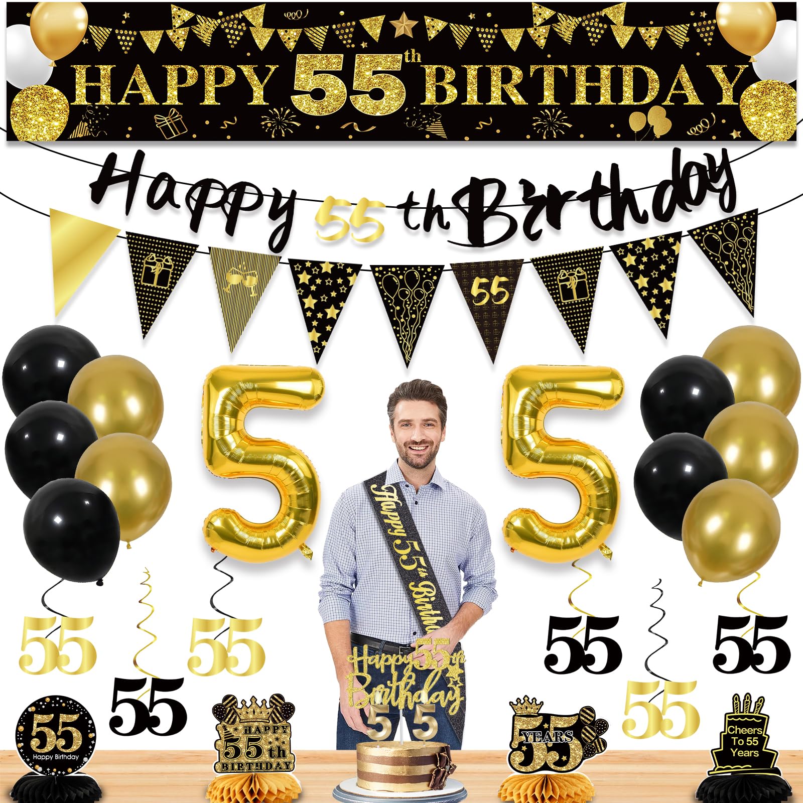 55th Birthday Decorations for Men, Black Gold 55th Party Decorations