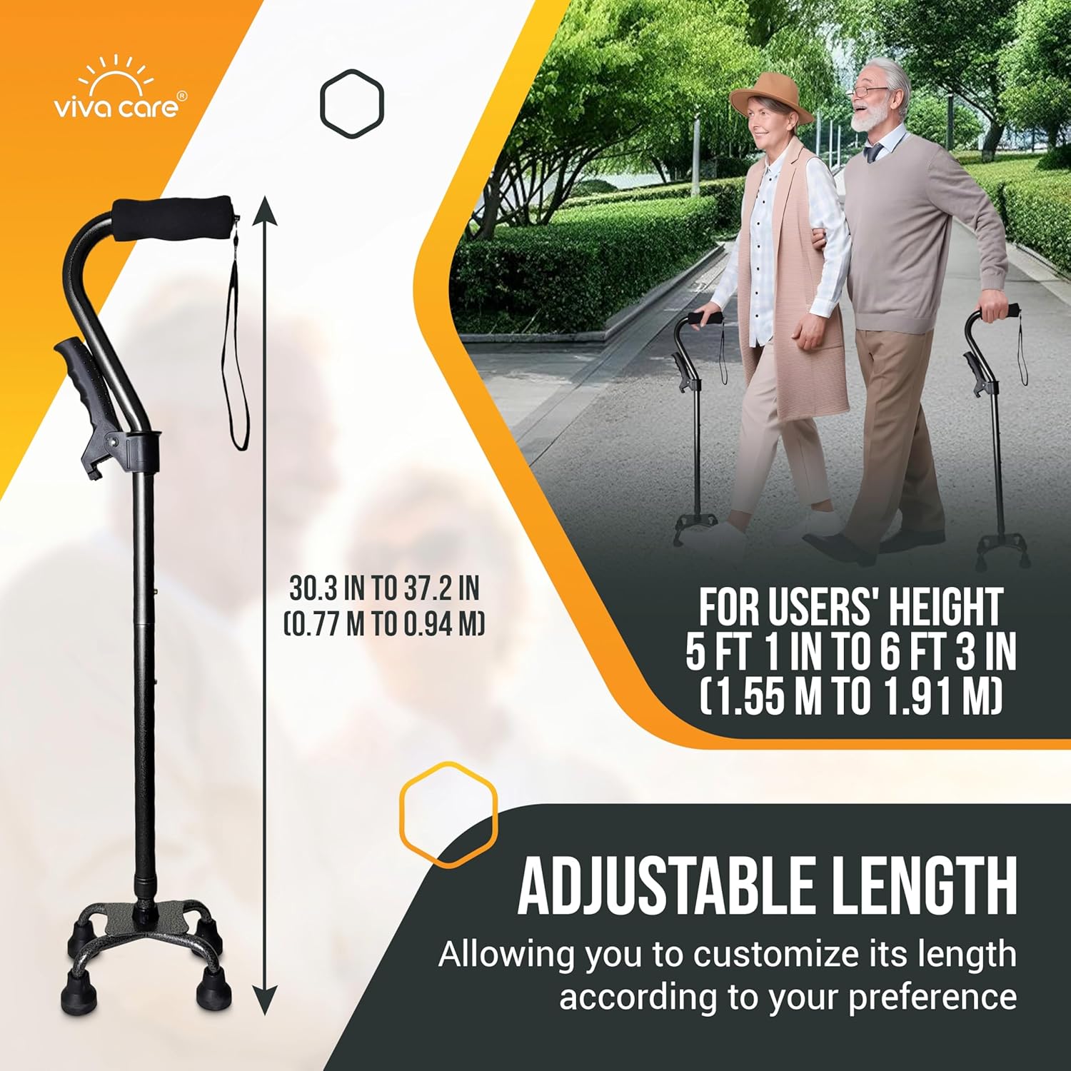 Walking Cane with 4 Prongs and Extra Side Handle – Adjustable, for Balance & Stability for Adults, Seniors, and Injured.