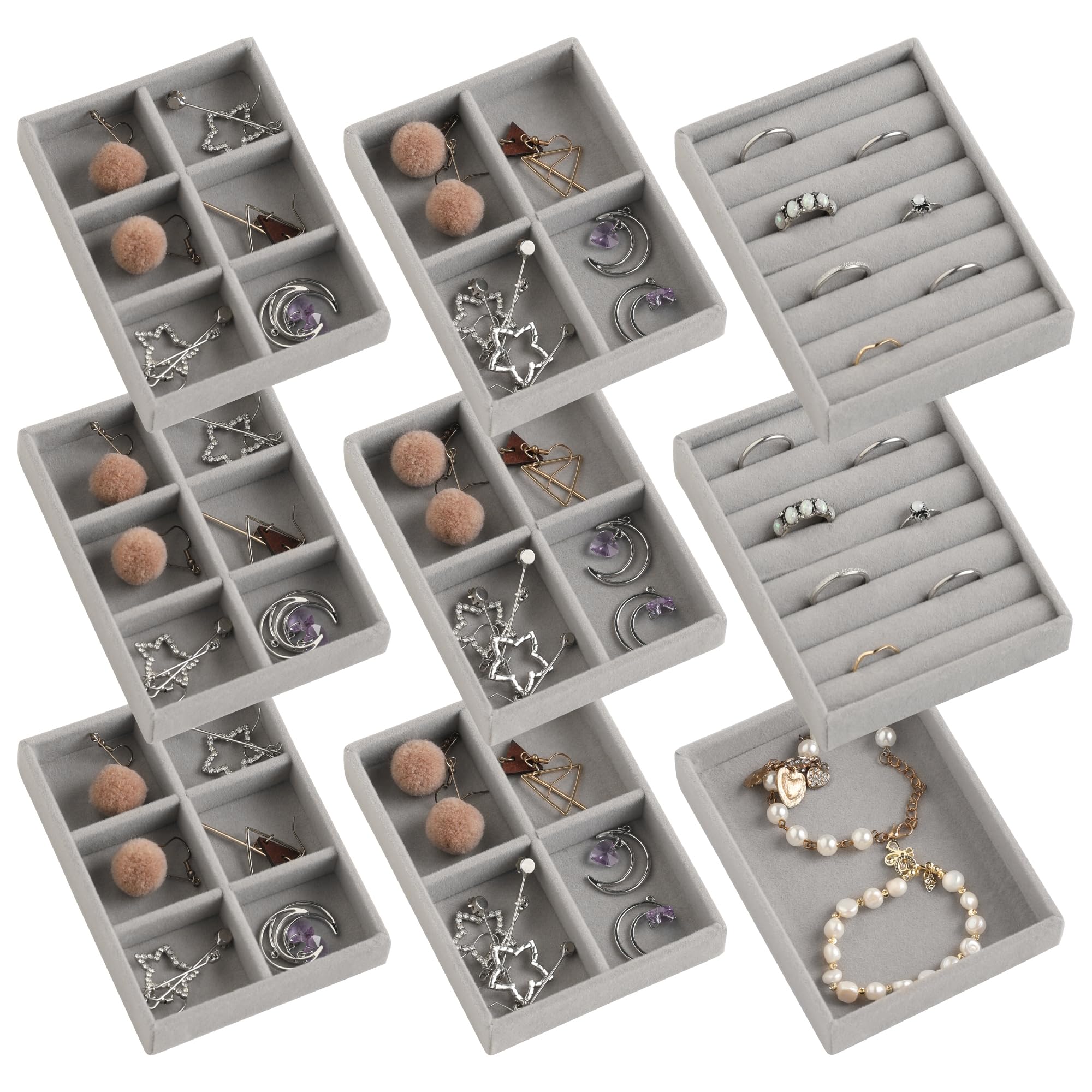 Frebeauty Kleines Schmucktablett, stapelbarer Samt-Schmuck-Organizer, Schubladeneinsätze, 12 x 9 x 2,3 cm, Ohrring-Organizer für Frauen (9er-Set, grau)