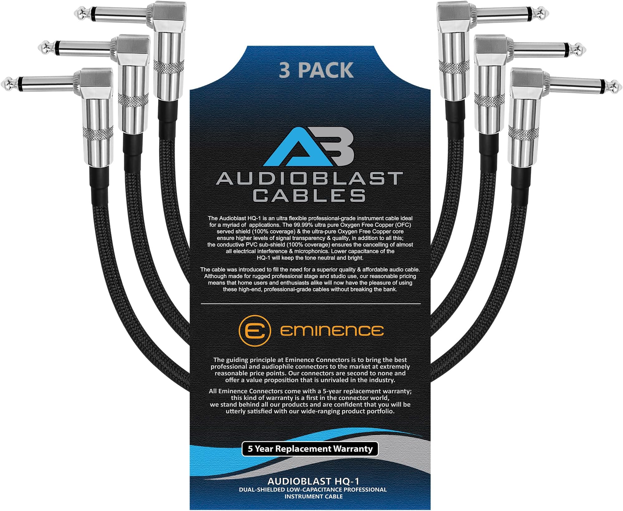Audioblast - 3 Units - 12 Inch - HQ-1 Braid (Black) Flexible -Dual Shielded(100%)-Guitar Instrument Effects Pedal Patch Cable w/Eminence Right-Angled ¼ inch (6.35mm) TS Plugs & Double Staggered Boots