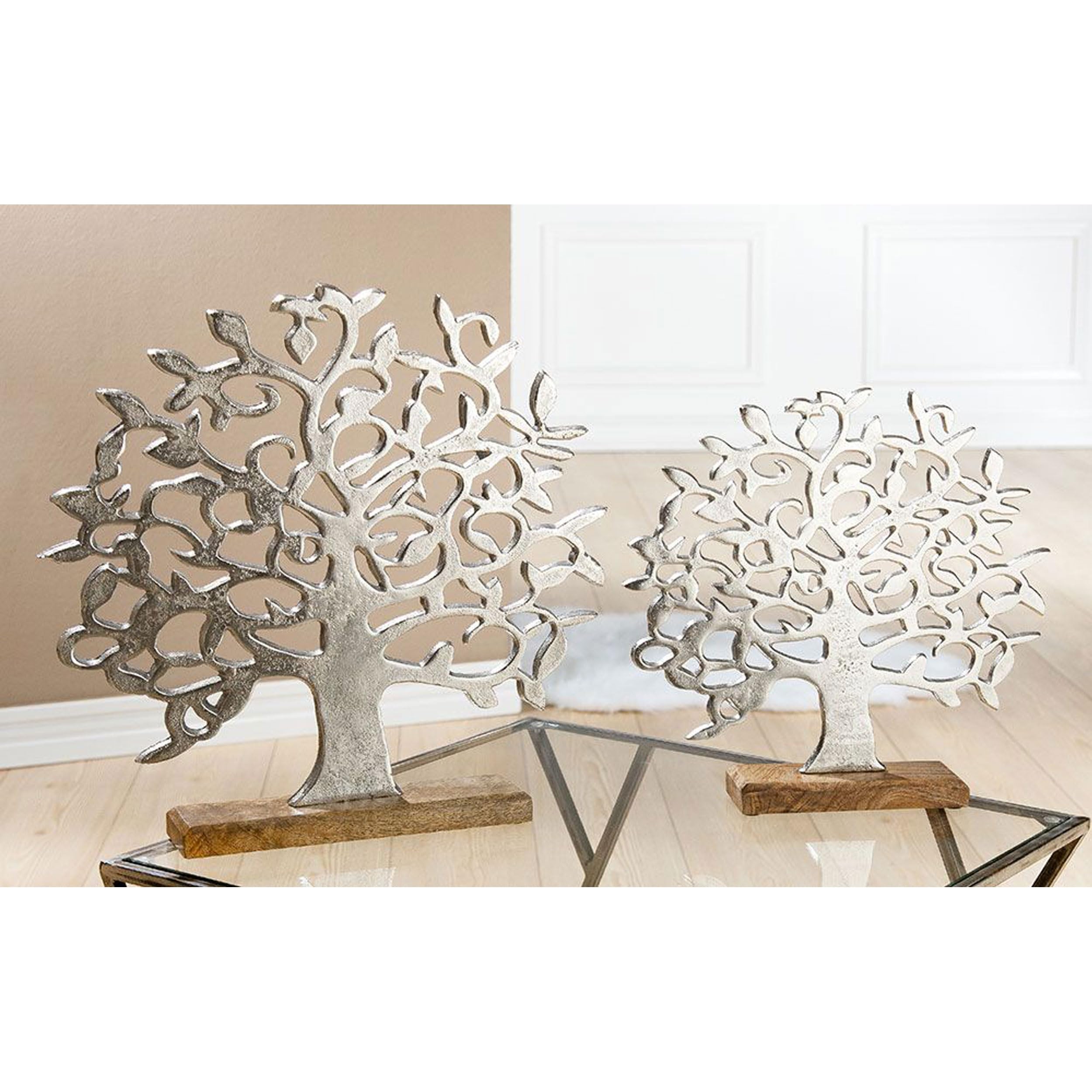 Gilde Aluminium Lebensbaum auf Holzbasis Silber Mango 37 cm G48183