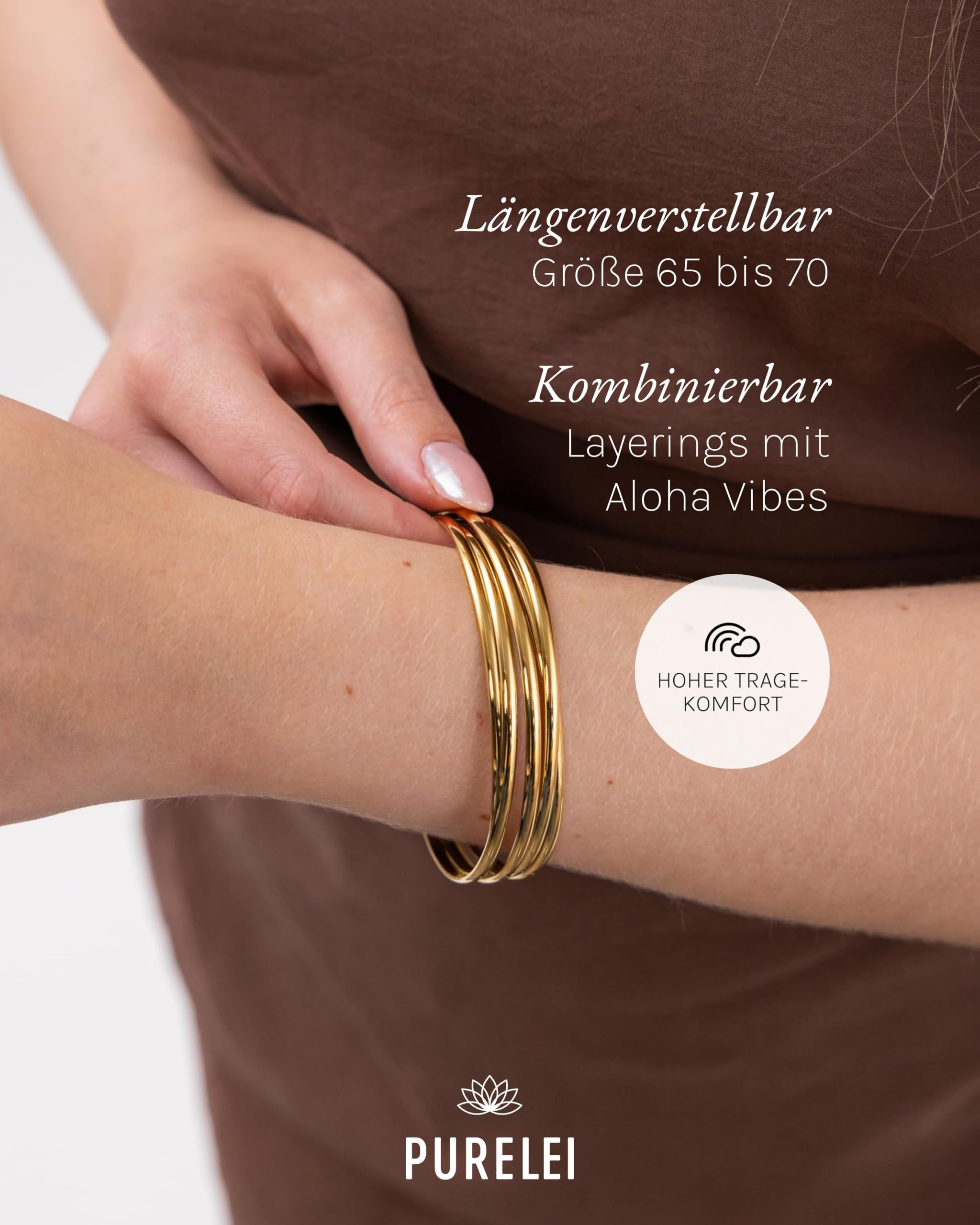 Purelei Elegance Armcuff – Filigraner Armreif – Armband aus langlebigem Edelstahl (14K vergoldet) – Verstellbares Damen Armband 65-70 – Hawaiianisch inspiriert & wasserfest