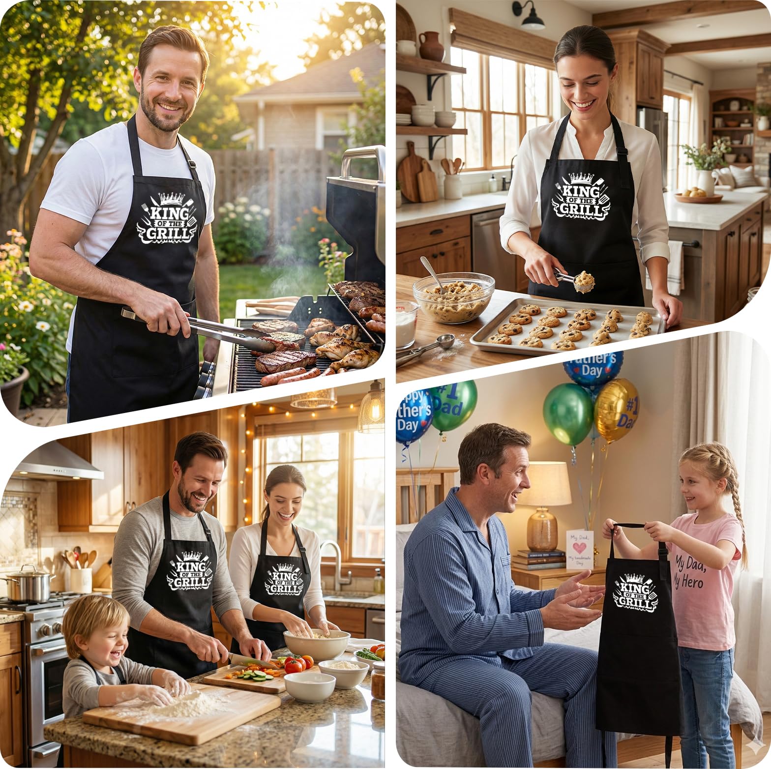 APRONPANDA King of The Grill Tablier de barbecue pour homme avec poches, cadeau de fête des pères pour homme, papa, mari, tablier de chef de cuisine professionnel en coton pour cuisine, pâtisserie