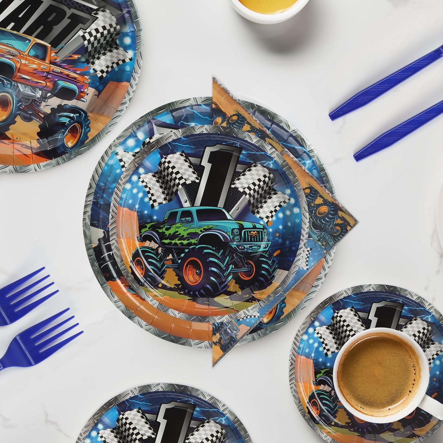 96 Pcs Party Plates, Monster Truck Paper Plates and Napkins Party Supplies for Monster Trcuck Theme Birthday for Kids, Disposable Tableware Sets, Serve for 24 Guests, Dark Blue - Image 4