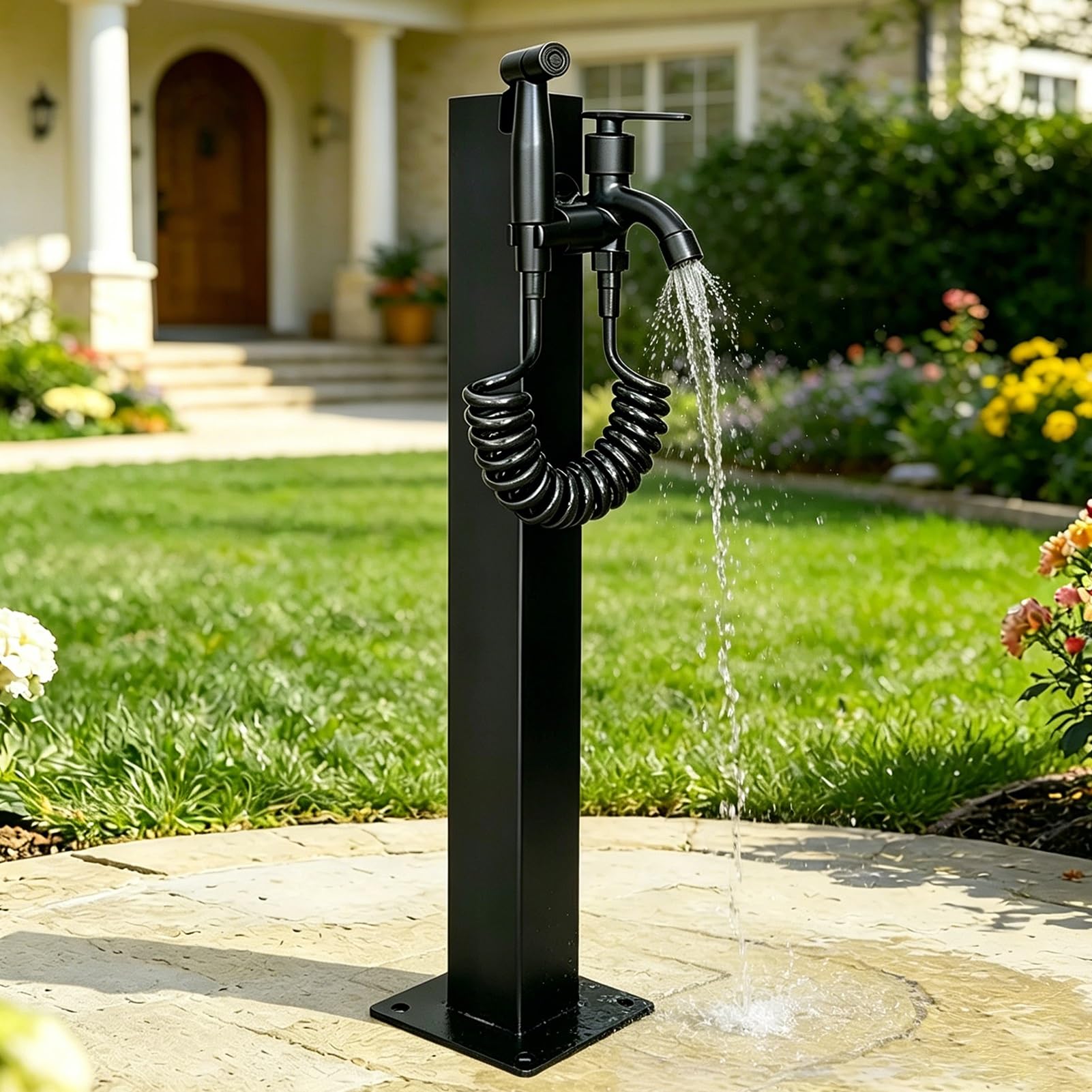 Lonmrrton D Outdoor Faucet Stainless Steel Water Column, Ecorative Garden Spigot Post For Backyar Car Wash/Plant Watering, Freestanding Yar Hydrant Tap
