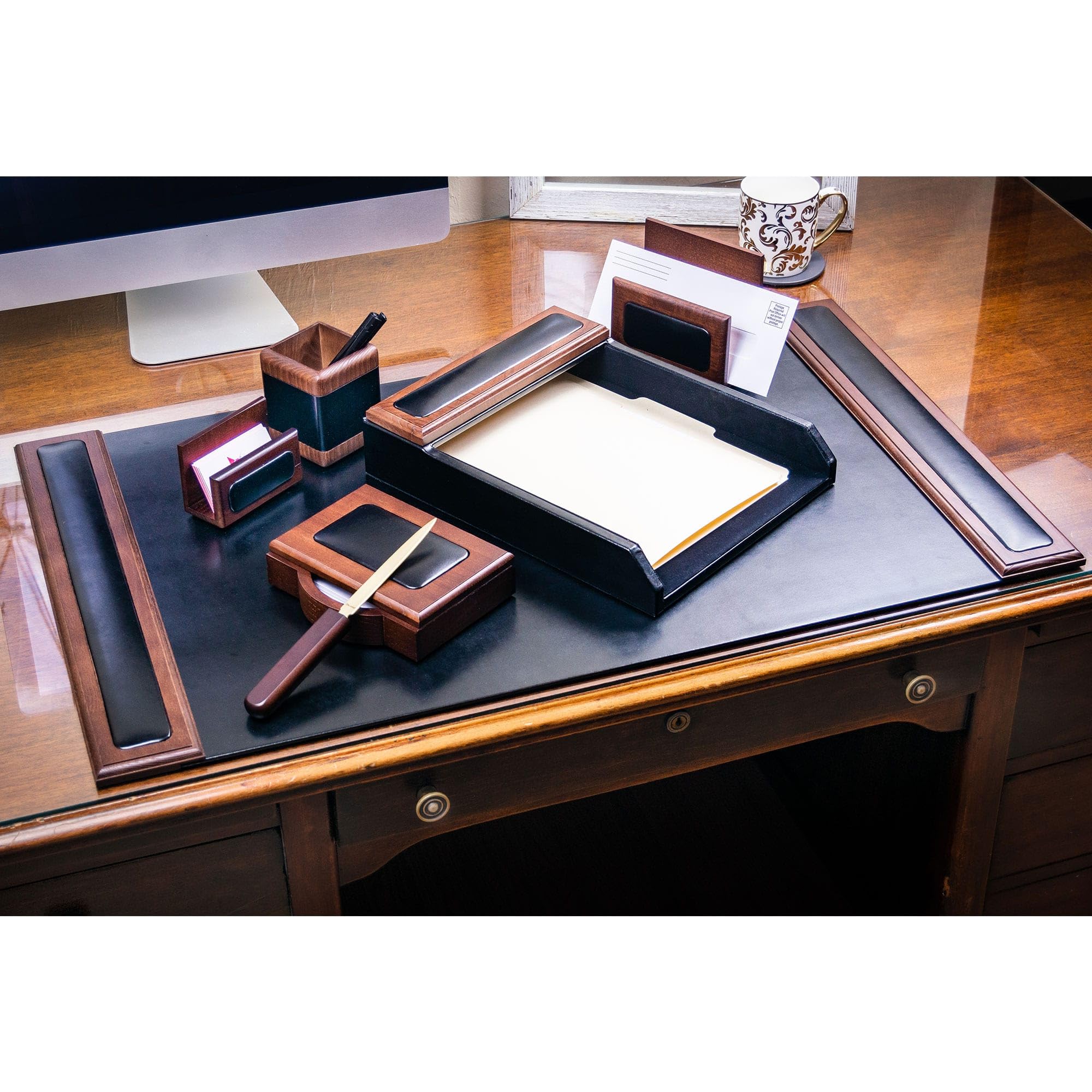 Dacasso Set da scrivania, Noce e Nero in Pelle, Pezzi, legno, walnut and black leather