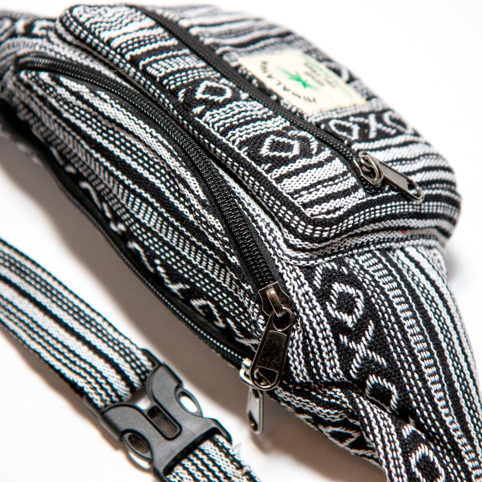 Marsupio Himalayan Hemp, ogni marsupio è un pezzo unico con stile, hipbag sostenibile in canapa, realizzato a mano in Nepal, Nero/Bianco, S