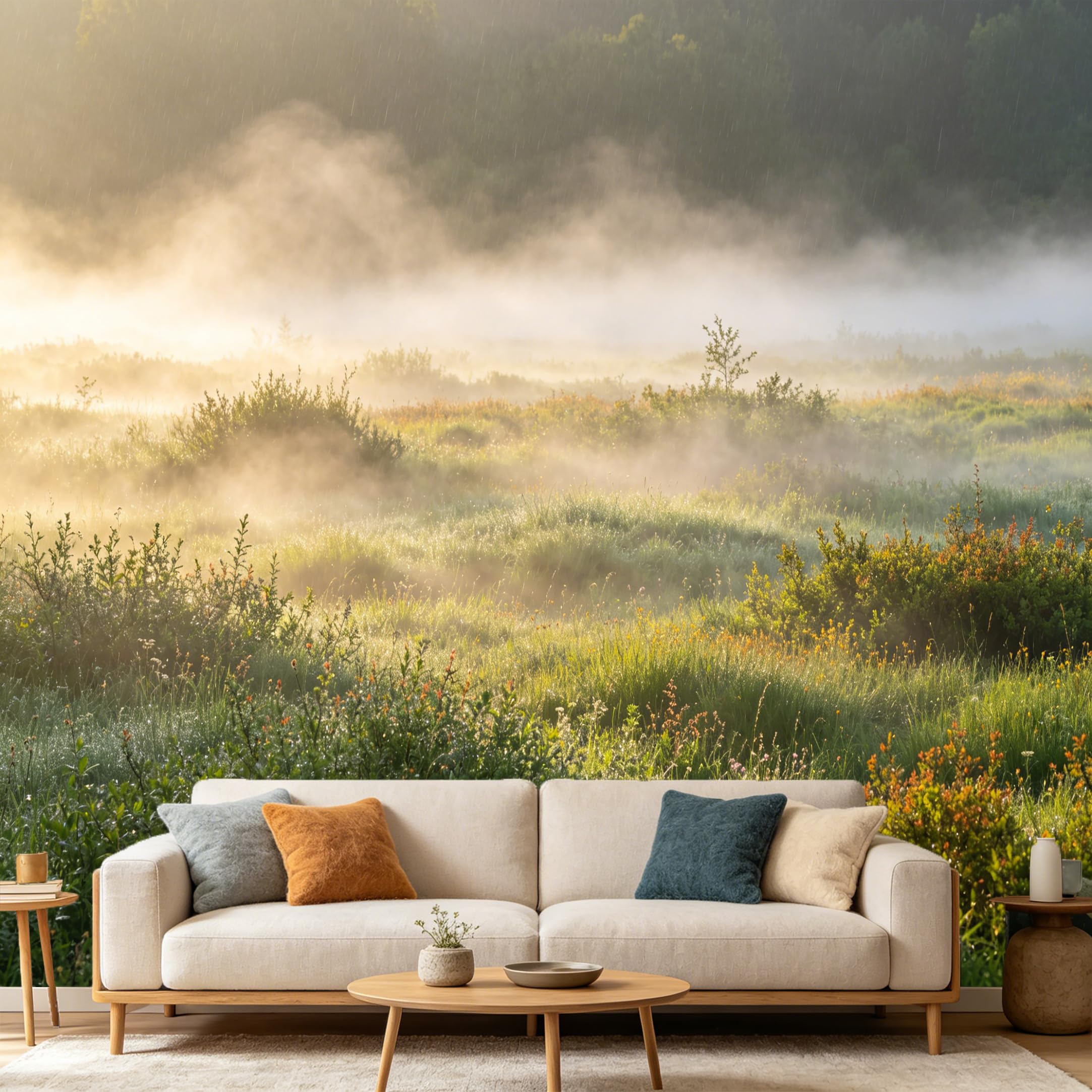 Custom Size Wall Mural Misty Morning Landscape Forest Sunrise Nature Scenery SelfAdhesive Art Prints wall Fabric（No PVC） Removable Wallpaper Home Bedroom Decor
