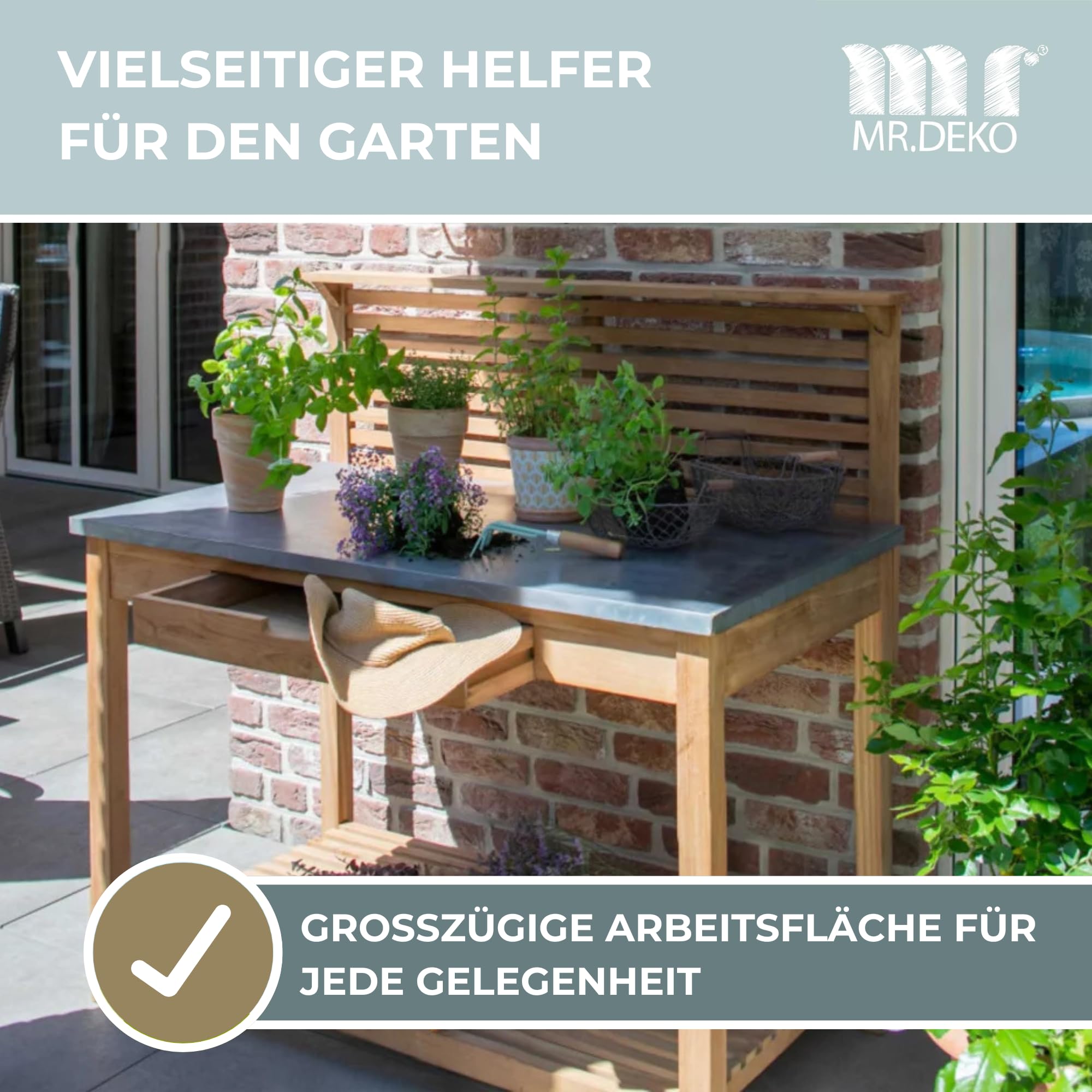 MR. DEKO Pflanztisch Hampton Teakholz mit Schublade | Gartentisch Verzinkte Arbeitsplatte Wetterfest | Umtopftisch Garten-Bar | Outdoor-Arbeitstisch Stauraum-Regal | Pflanztisch 115x66x124cm