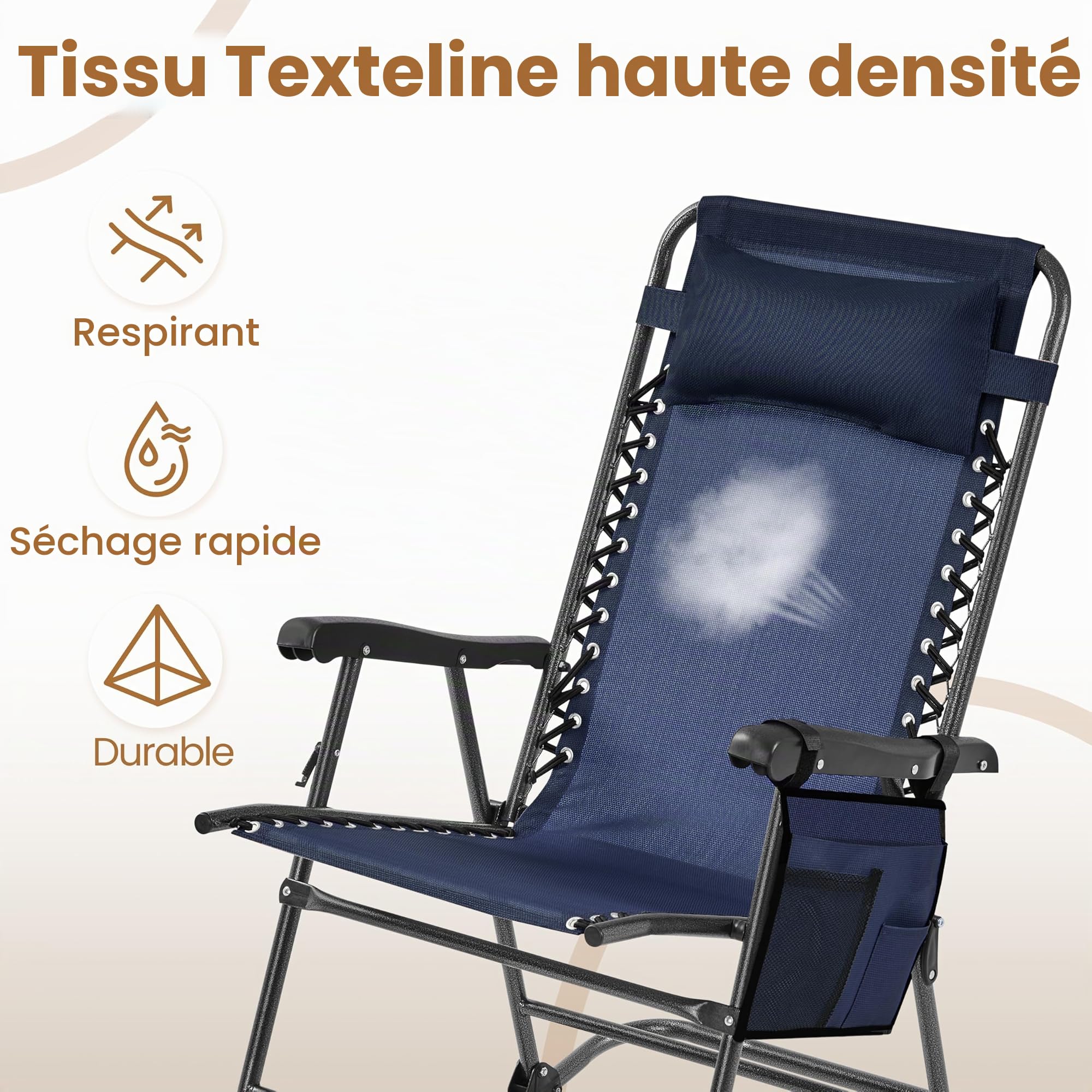 Yaheetech Basics Fauteuil à Bascule Pliant Rocking Chair Pliable de Jardin 102 x 65,5 x 103 cm avec Têtière Réglable Poche de Rangement pour Jardin Patio Terrasse Camping Voyage Bleu Marine