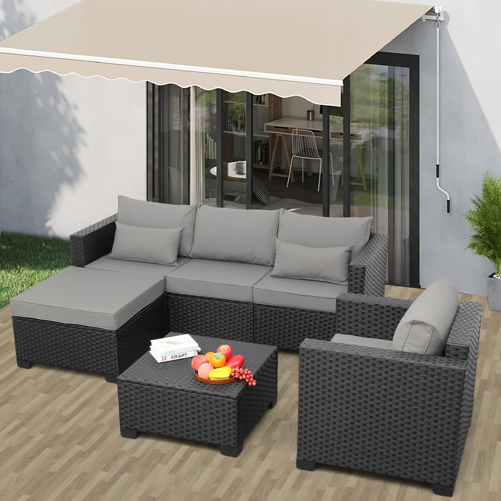 Rattaner Wicker Patio Furniture Outdoor Couch 4 Pcs Patio Furniture Set Outdoor Sectional with Patio Single Chair Outdoor Storage Table All-Weather Non-Slip Cushions Waterproof Covers, Light Grey