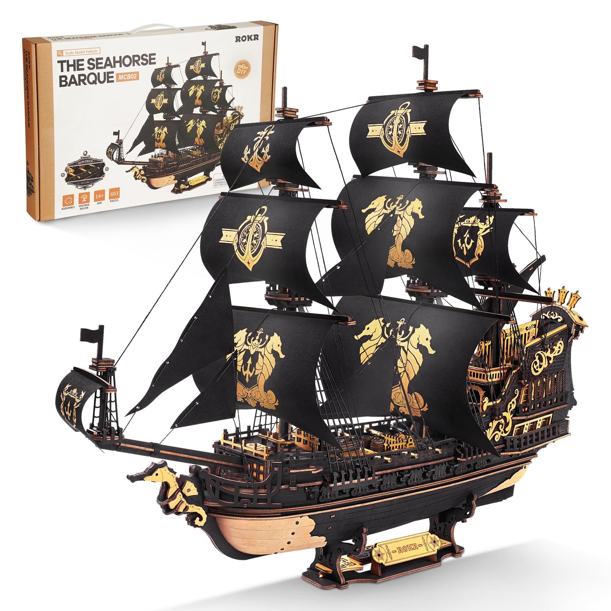 ROKR 3D Puzzle Holzpuzzle Modellbau, Boot Holzbausatz Die Seahorse Barque, Weihnachten Geburtstagsgeschenk für Jugendliche und Erwachsene, The Seahorse Barque MCB02